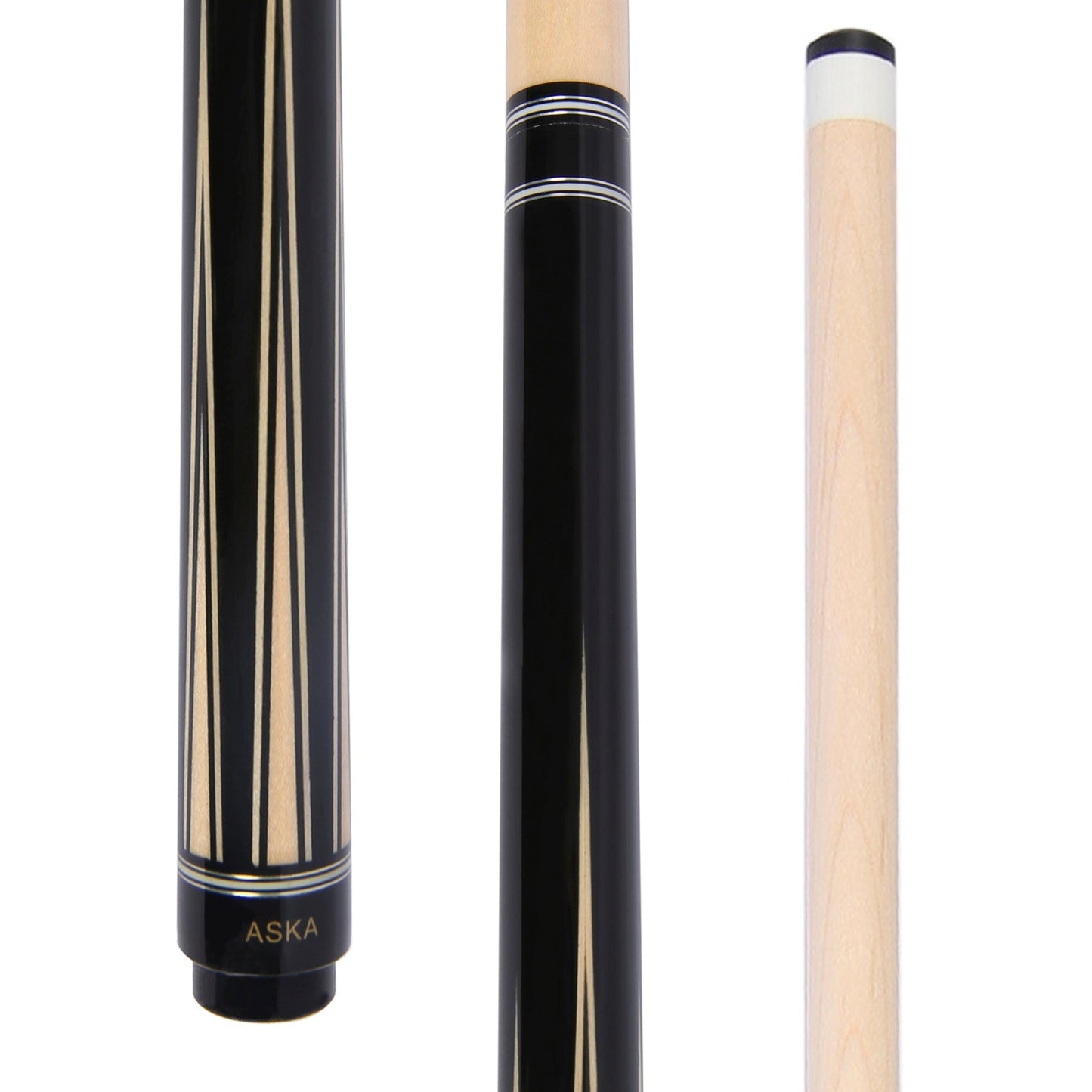 ASKA Jump Cue JC03 showing butt and shaft sections with black and tan design.