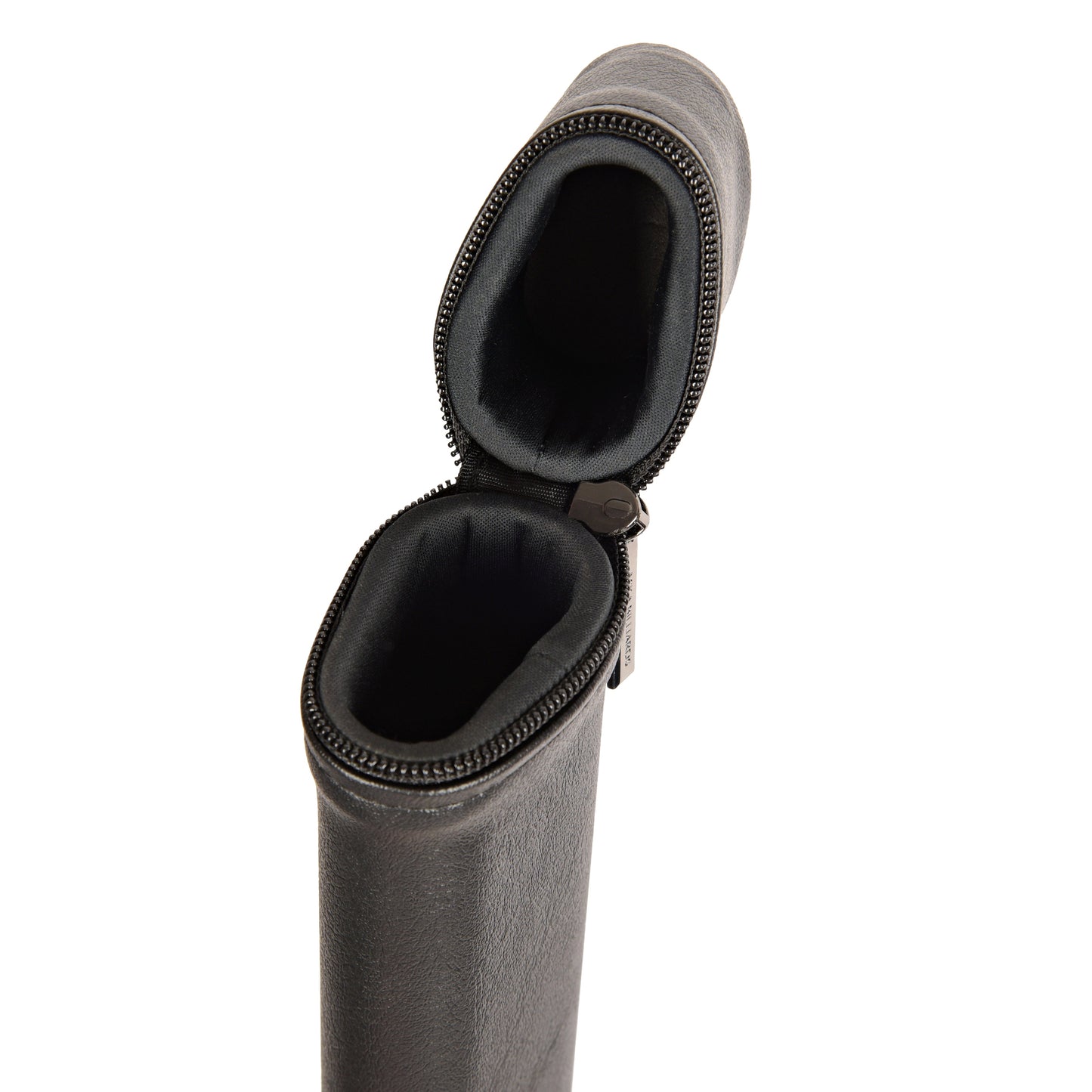 Angled view of the cue case opening, showing padded interior and zipper pull.