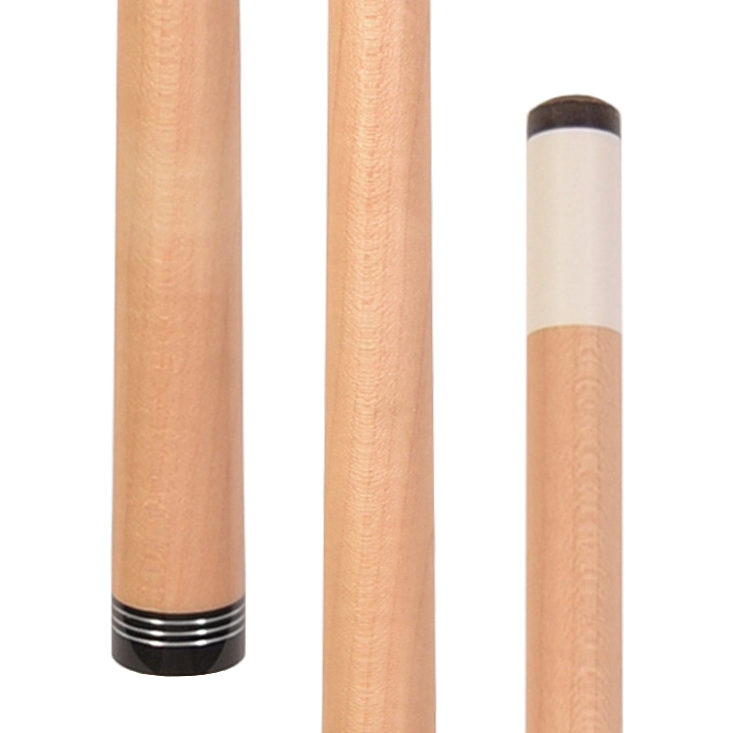 Three cue shafts showing maple wood grain, joint rings, and tip detail.