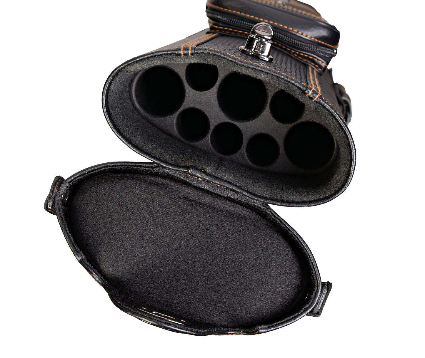 Open interior view of the cue case with compartments for cues.
