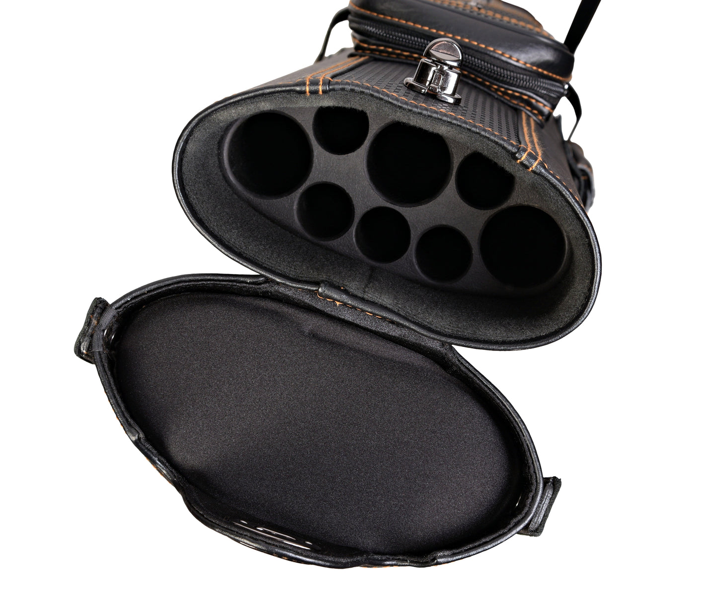 Open interior view of the cue case, showing compartments for cues.