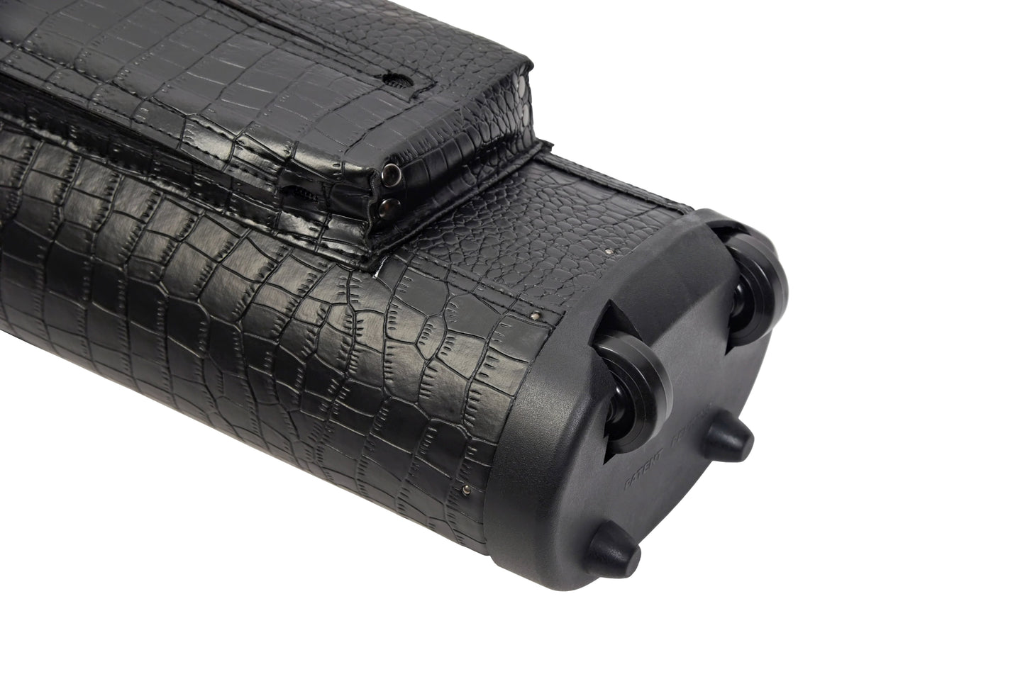 Angled view of the cue case base showcasing its durable wheels and stability supports.