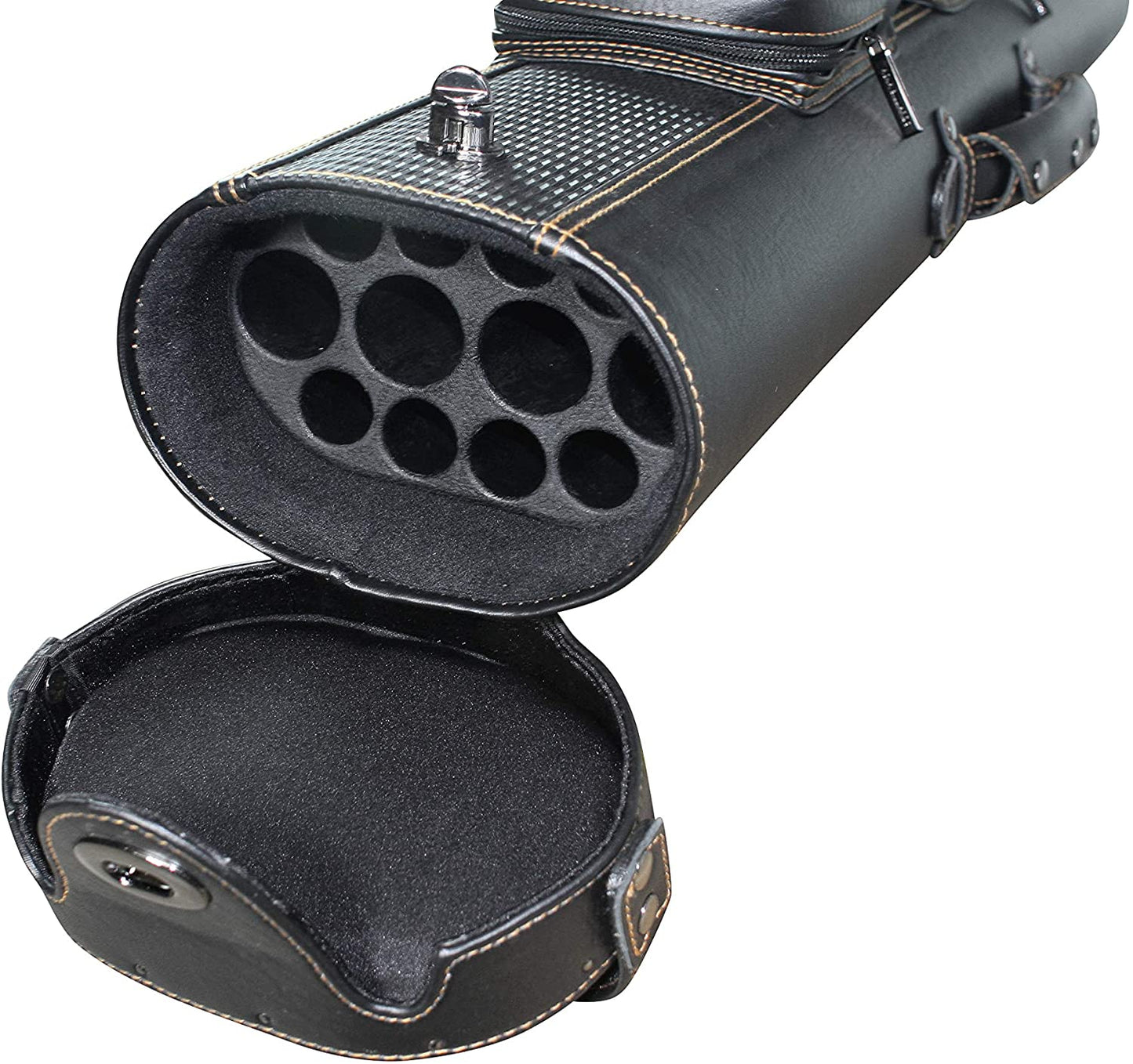 Open case interior showing multiple cue storage slots and padded lid