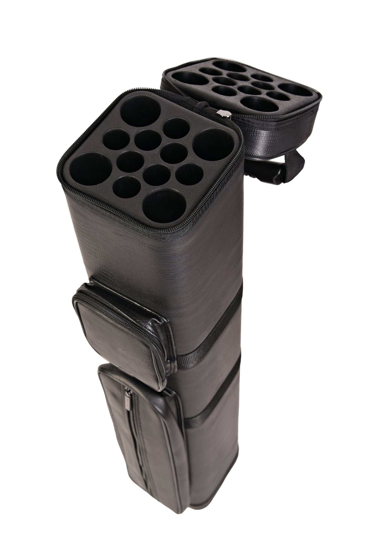 Opened cue case interior showcasing multiple openings for cues
