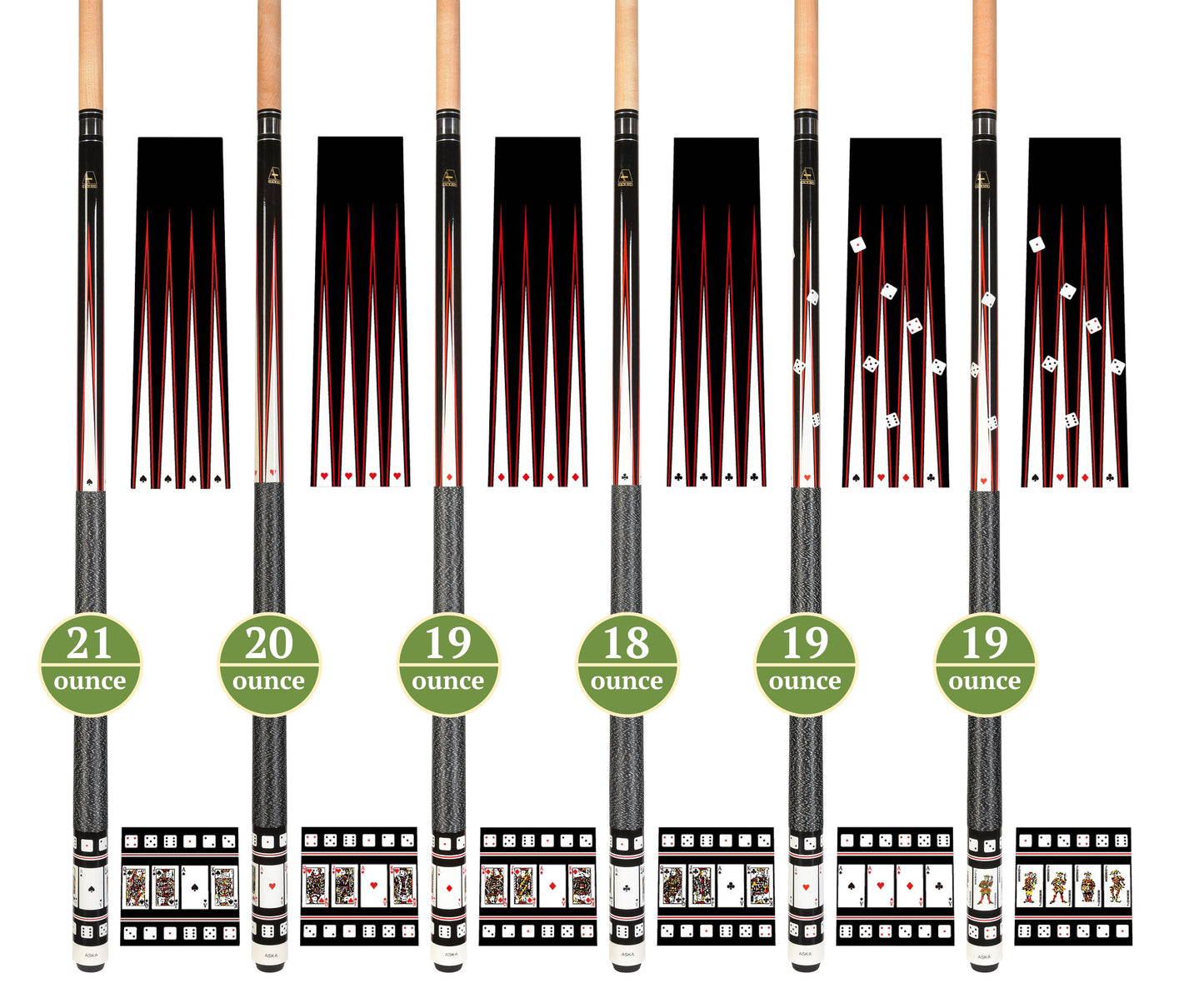 Set of 6 Aska Cards and Dice Billiard Pool Cues, 58" Hard Rock Canadian Maple, 13mm Hard Tip, Mixed Weights, CDS6