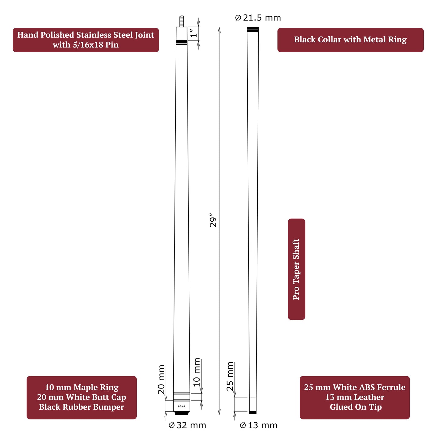 Set of 5 Aska L3 Brown Pool Cue Sticks, 58", 13mm Tip, Hard Rock Canadian Maple Shaft, Wrapless, L3S5BRN
