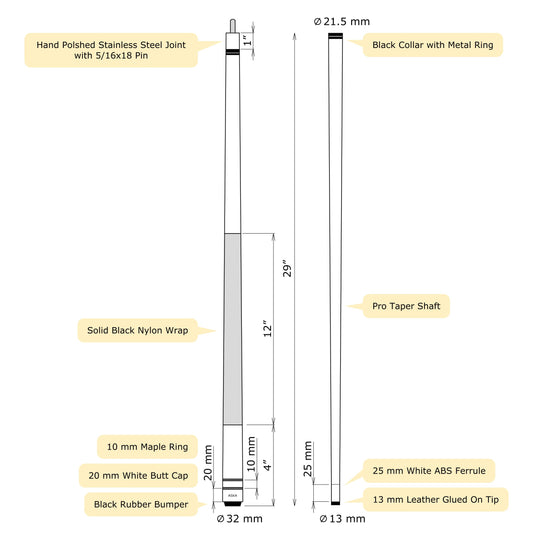 Lot of 10 ASKA L2 58" Billiard Pool Cues, Hard Rock Canadian Maple, Choice of Color