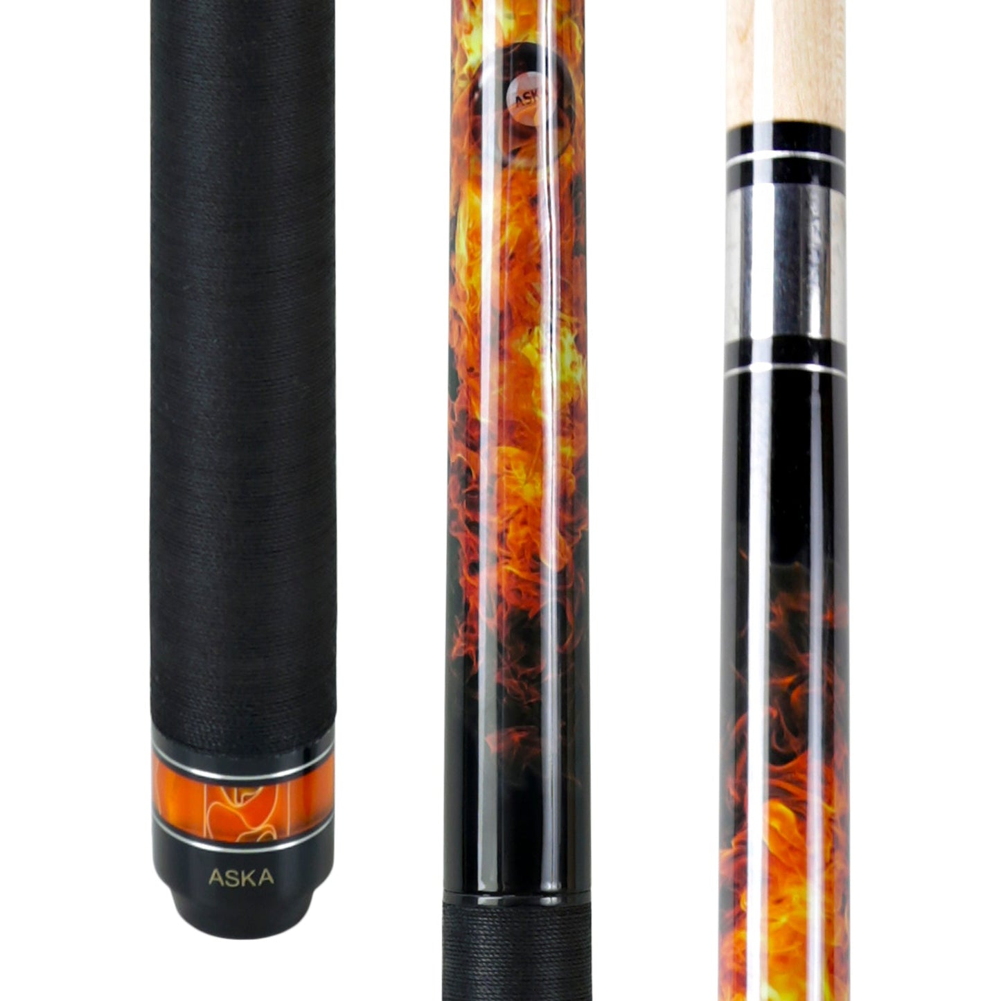 ASKA JBC Fireball jump break cue, close-up view of butt and shaft sections. JBCFB