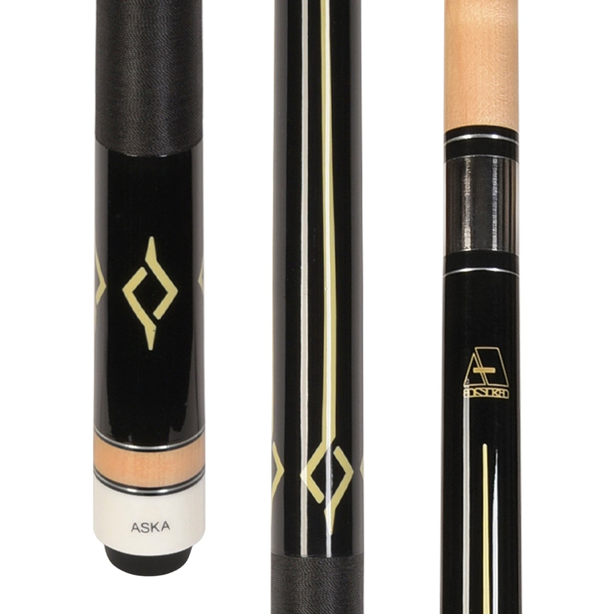 Black cue stick showcasing a bold graphic design and leather wrap.