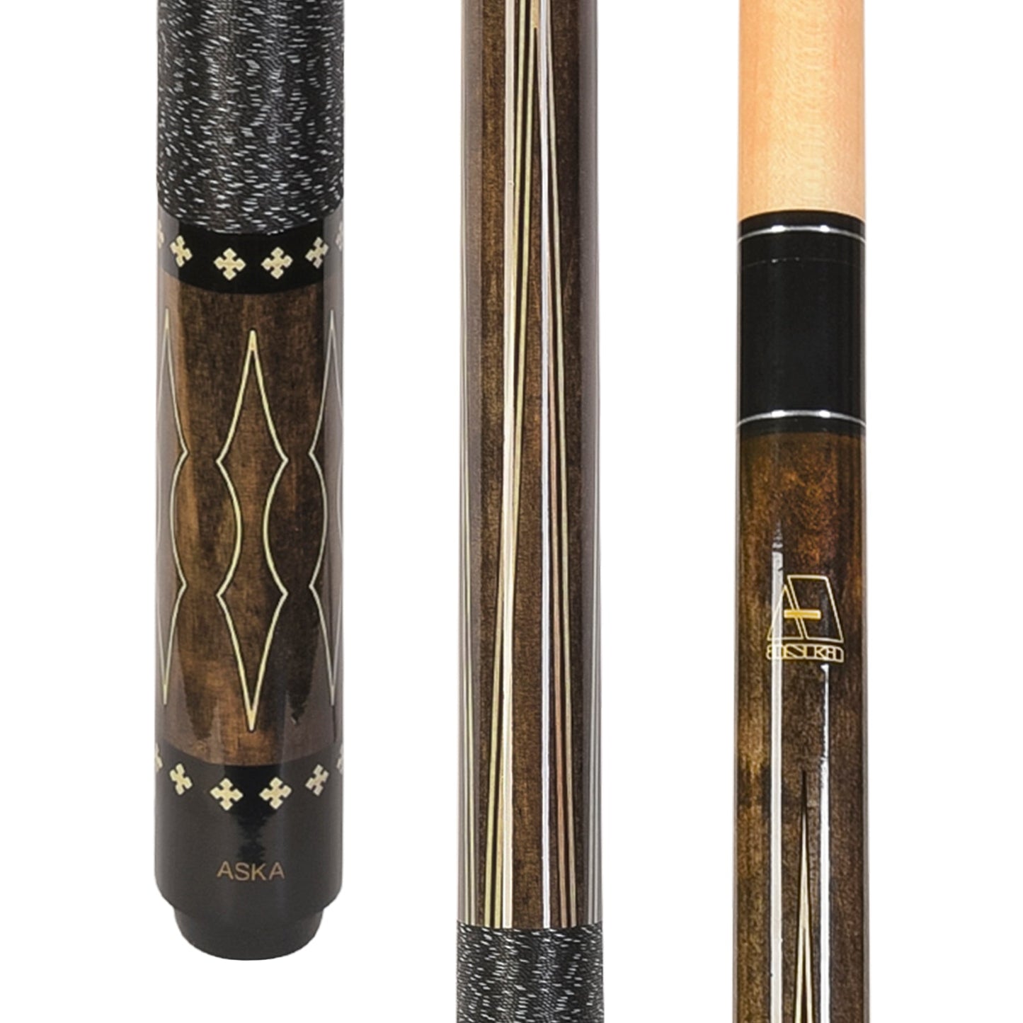 L22 pool cue in dark wood with diamond graphic design and textured grip.