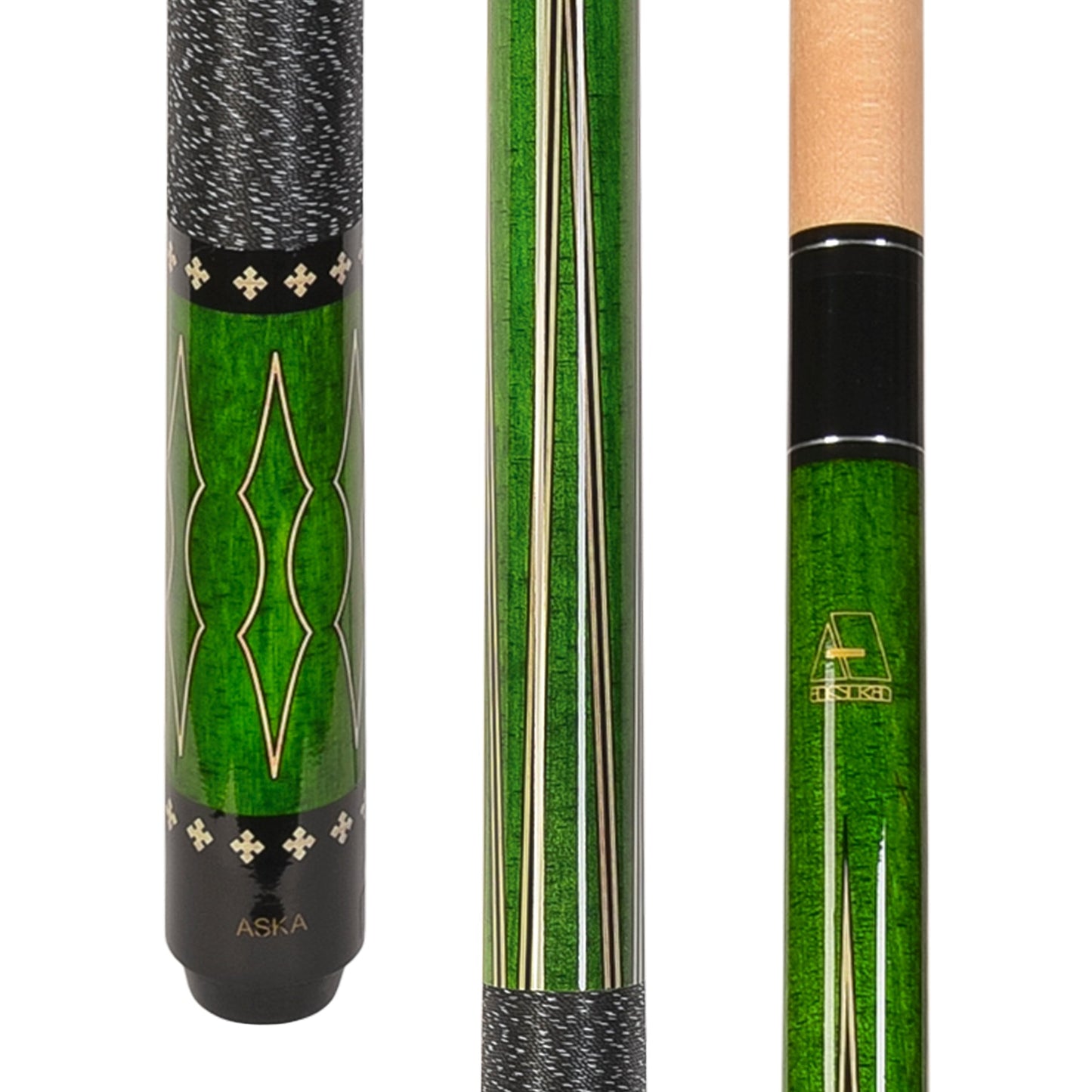 L22 pool cue in green with diamond graphic design and textured grip.