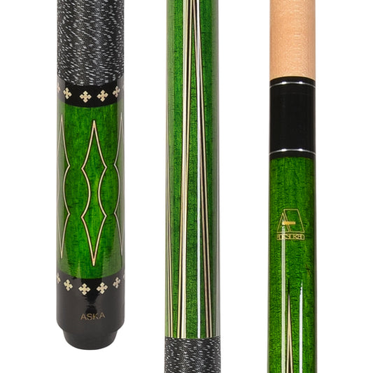 L22 pool cue in green with diamond graphic design and textured grip.
