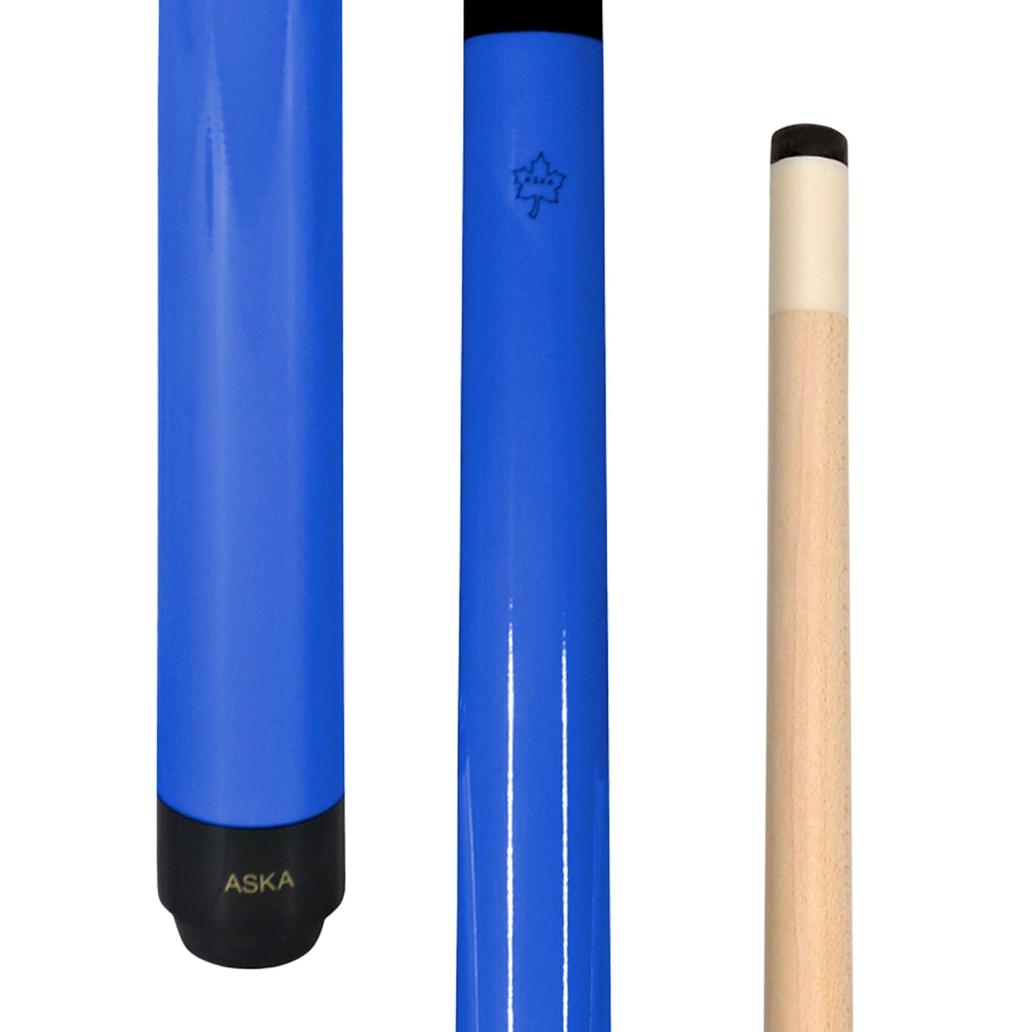ASKA bright blue short pool cue butt and maple shaft close-up SWP52B
