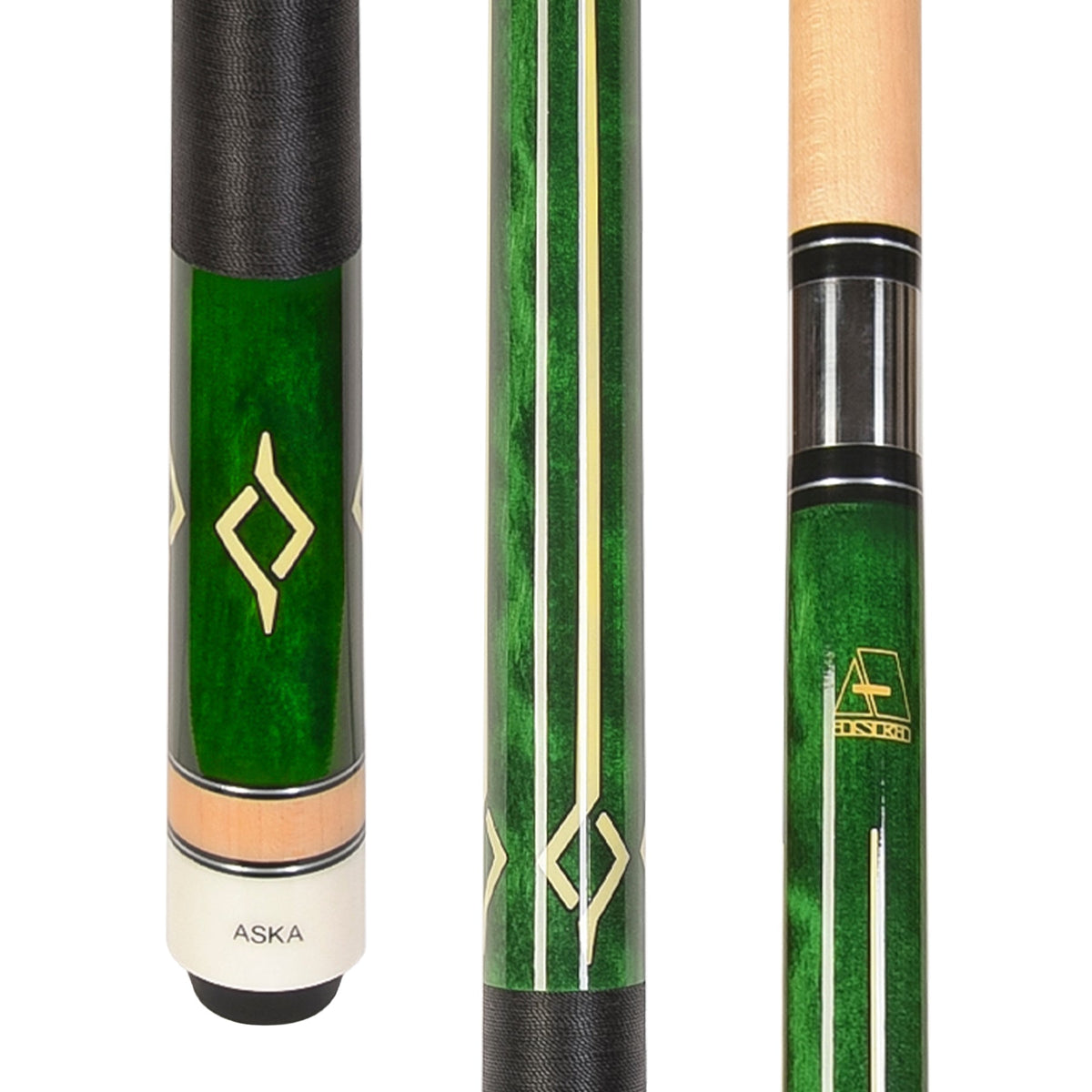 Green billiard cue with diamond design and white tip.