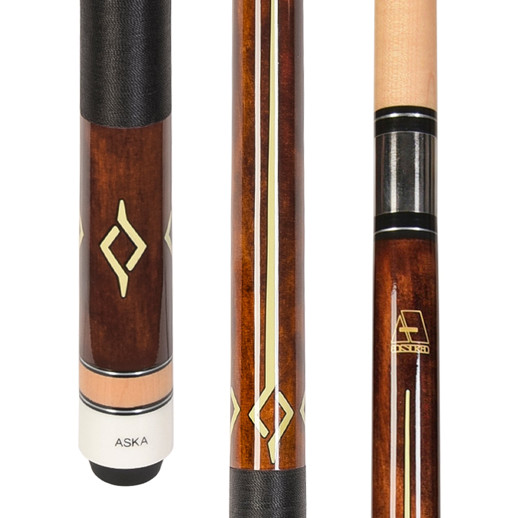 Brown cue stick featuring yellow graphic design and black grip.