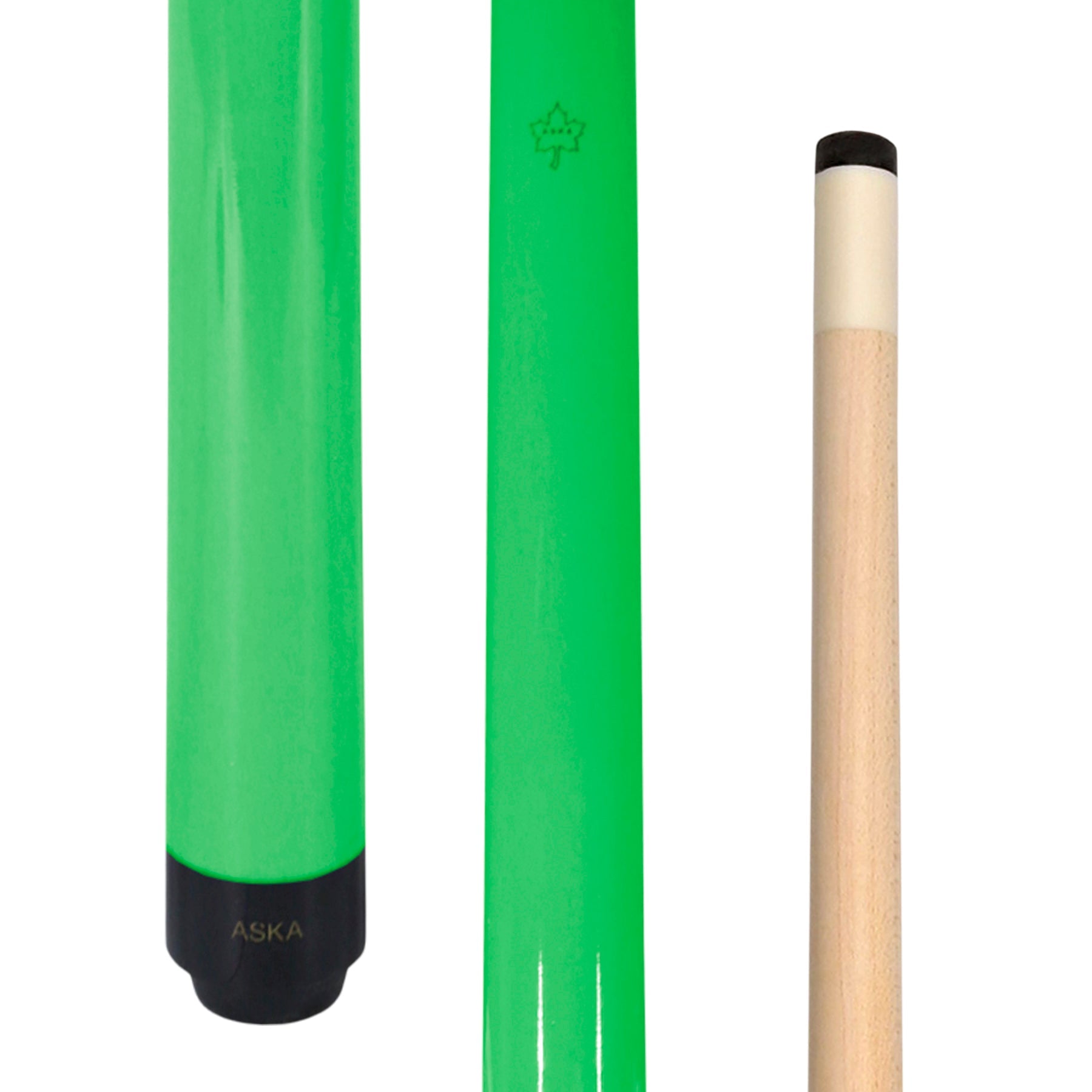 ASKA Neon Green 52" Short Pool Cue, showing butt and shaft with tip. SWP52G