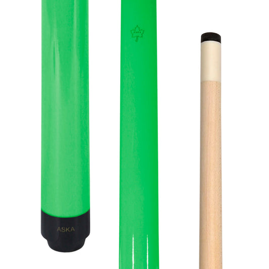 ASKA Neon Green 52" Short Pool Cue, showing butt and shaft with tip. SWP52G