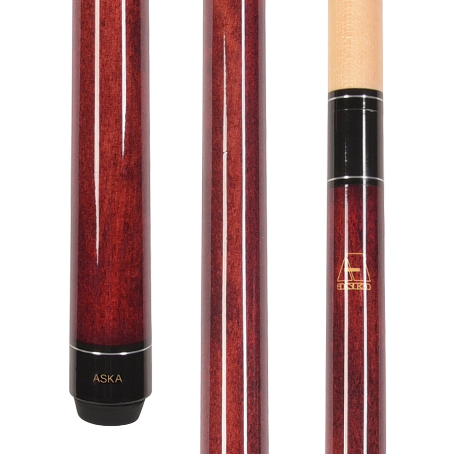 Collage showing detail of burgundy cue butt, shaft wood grain, and logo.