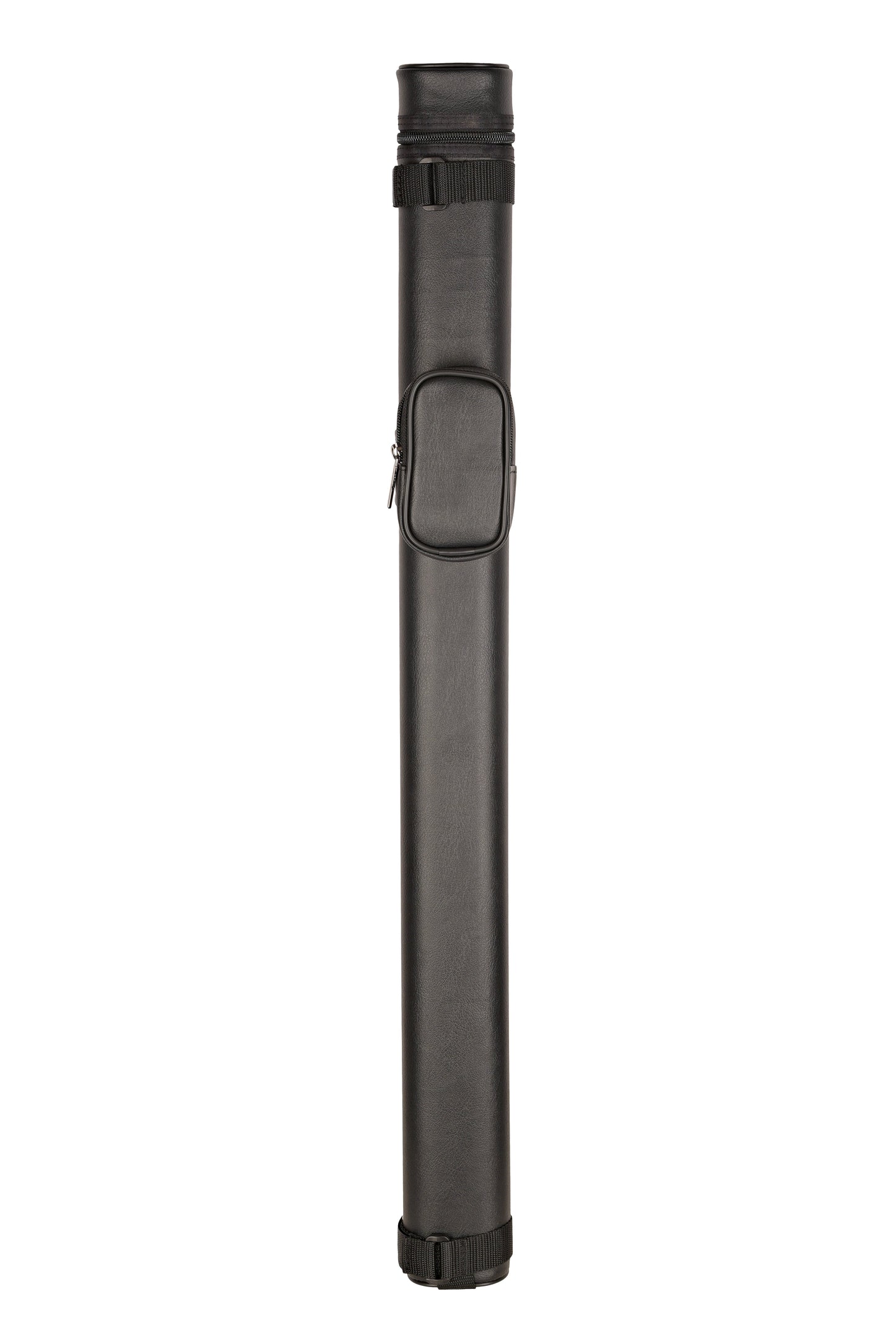Closed view of a black 1x1 billiard cue case with zippered pouch.