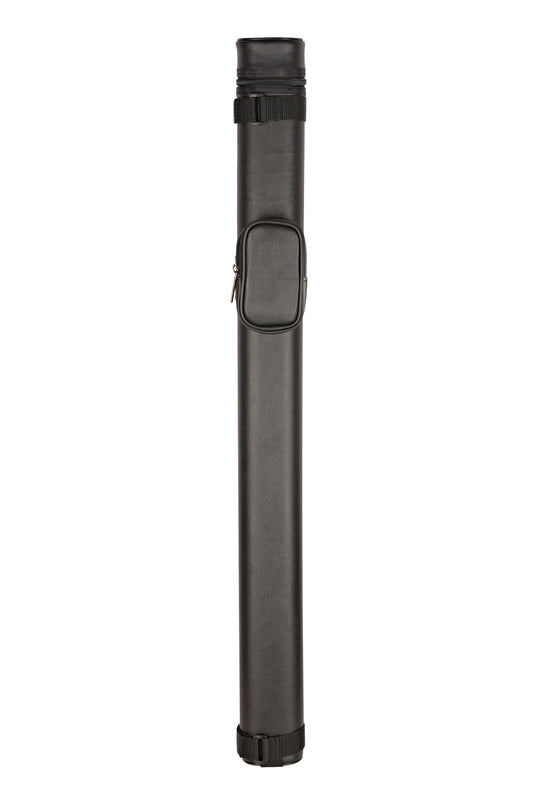 Closed view of a black 1x1 billiard cue case with zippered pouch.