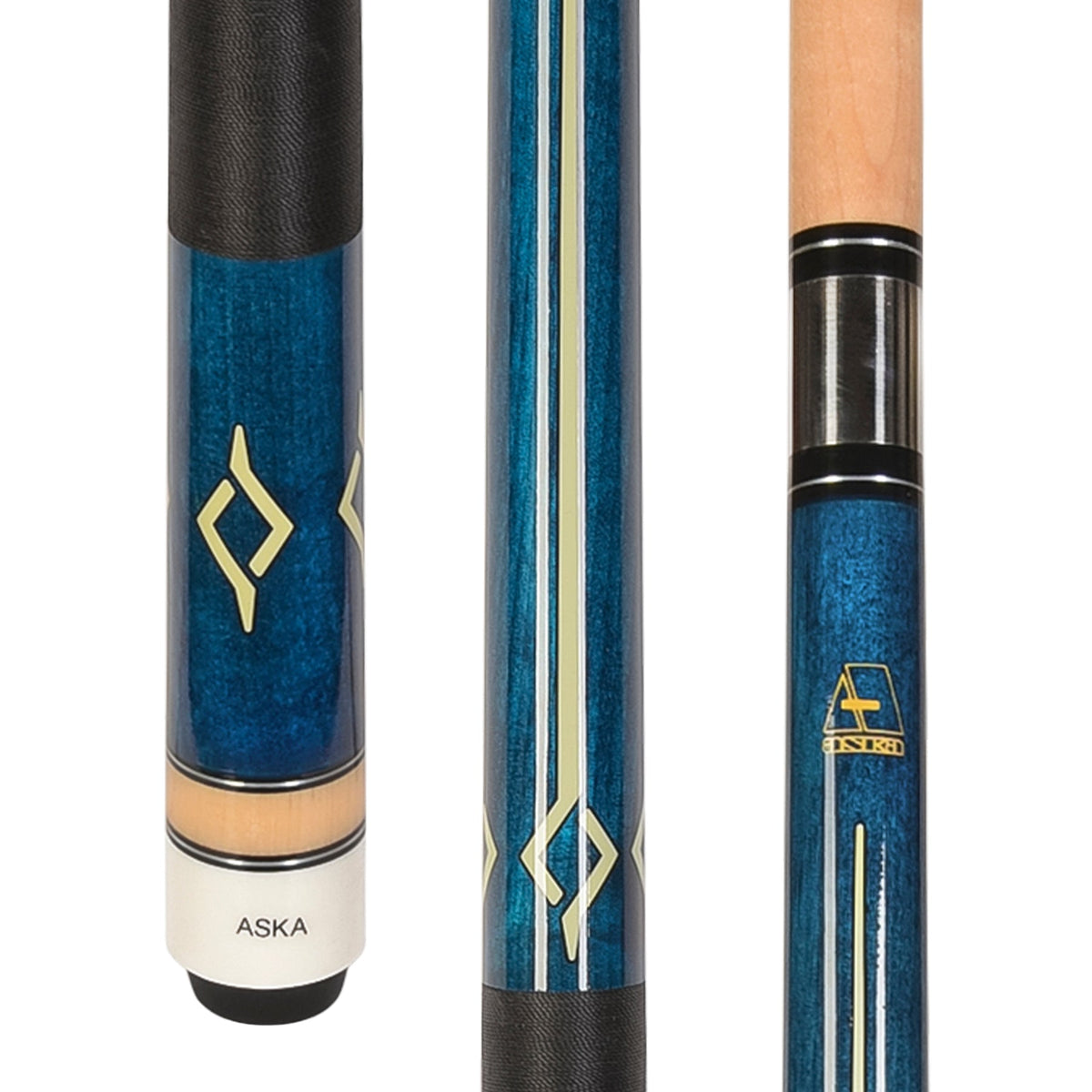 Blue pool cue with a visible grain and decorative banding.