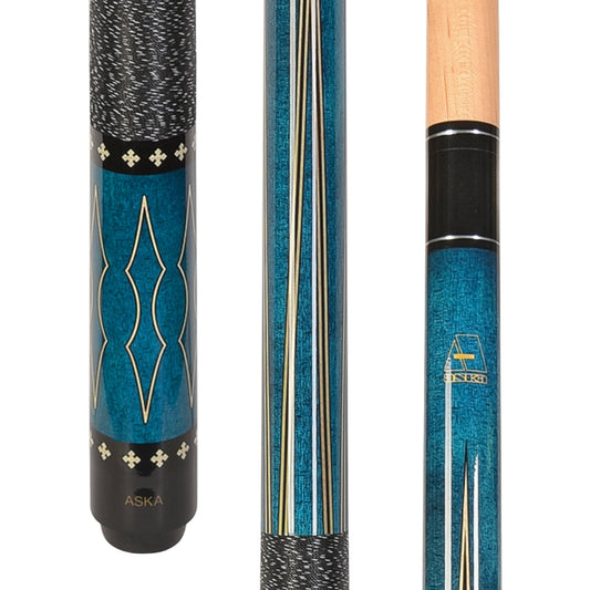 L22 pool cue in blue with diamond graphic design and textured grip.