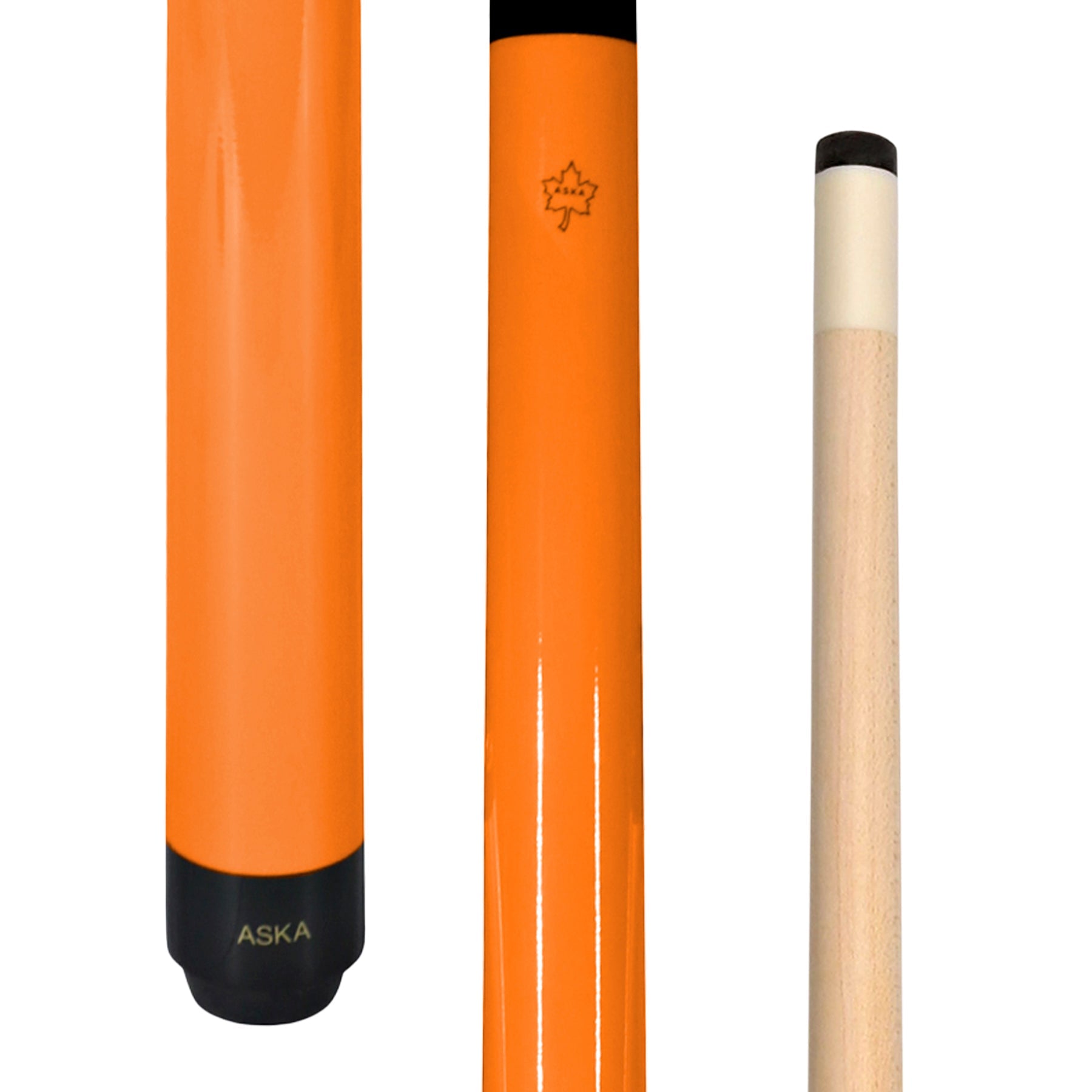 ASKA Blaze Orange 48 inch youth pool cue, maple shaft, 13mm tip, 2-piece. SWP48O