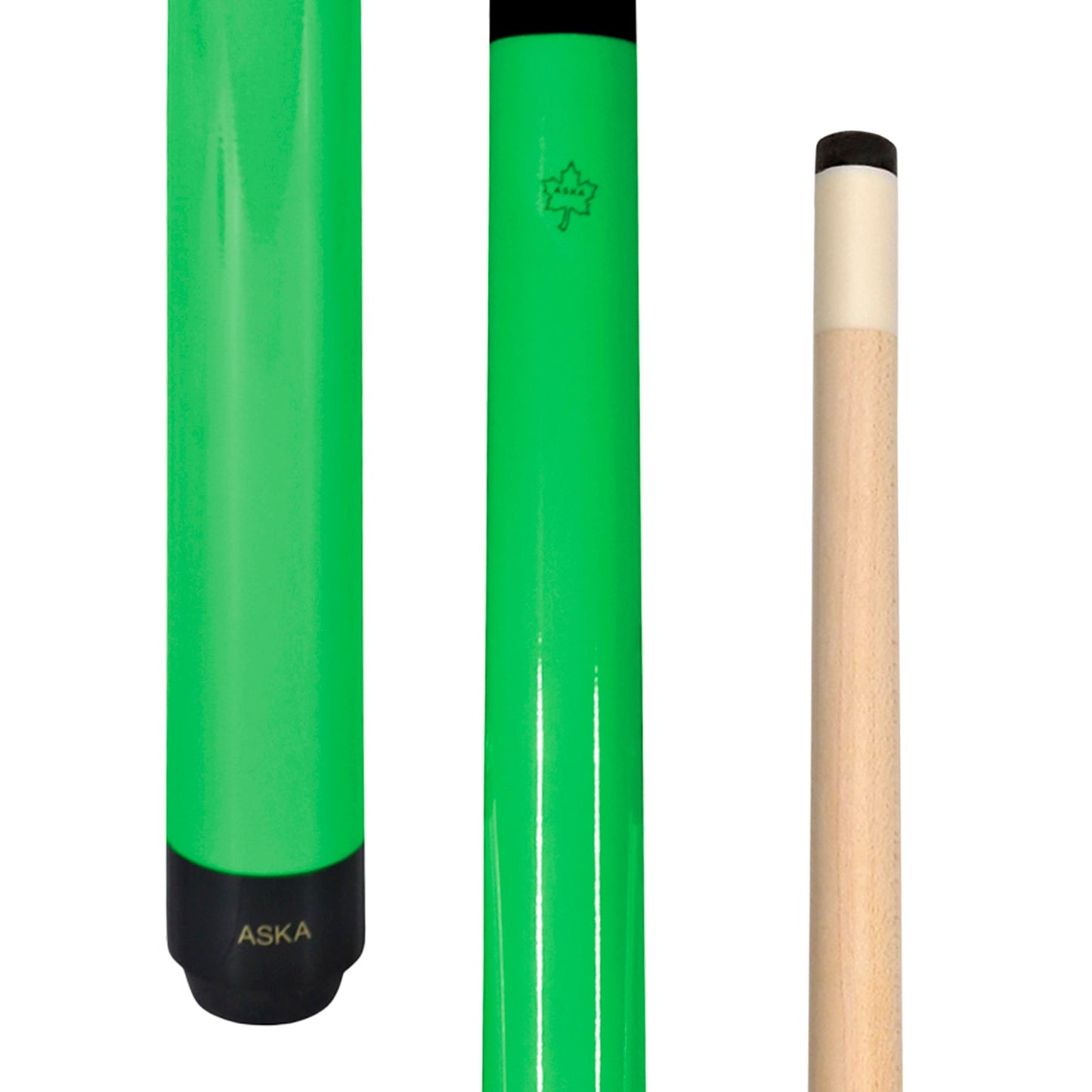 ASKA Neon Green 48" Short Pool Cue full view detail of butt and shaft.