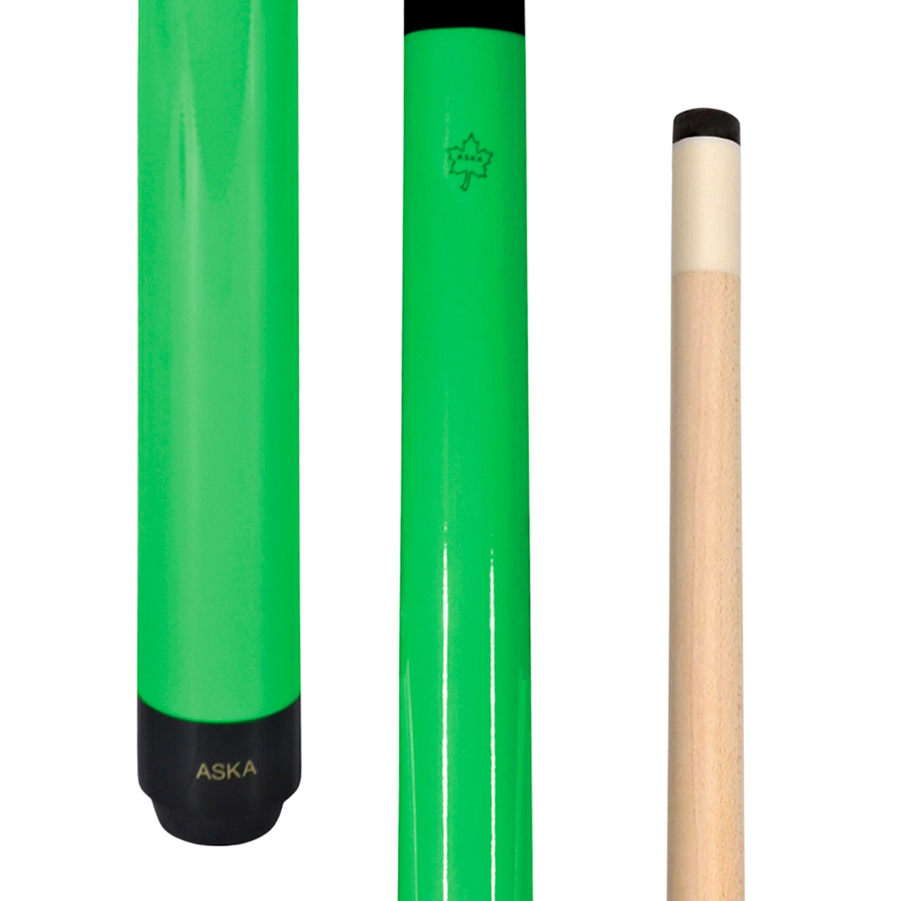 ASKA Neon Green 48" Short Pool Cue full view detail of butt and shaft.
