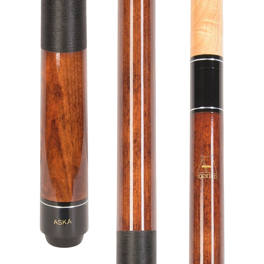 Close-up showing the wood grain on a brown cue's butt and shaft.
