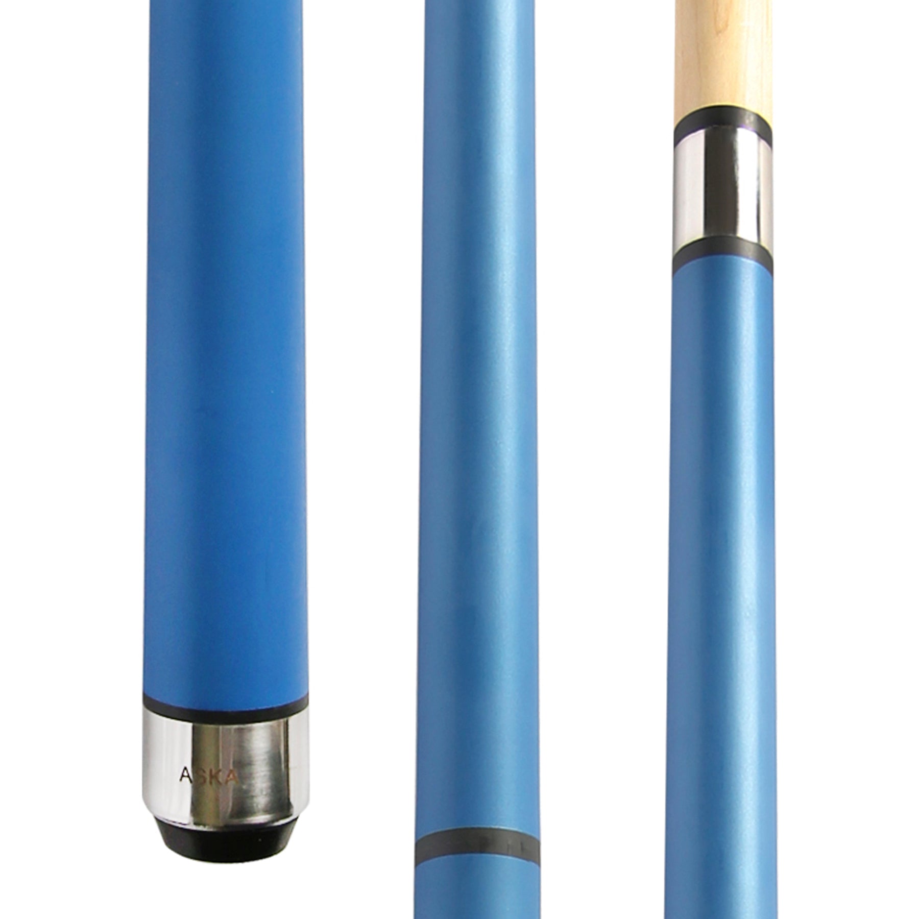 pool cue butt design close-up, 3-piece view above joint, billiard cue detail