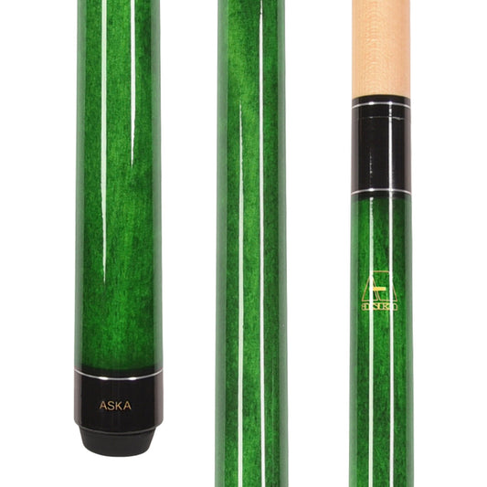 Collage of green cue butt, shaft wood grain, and logo detail.