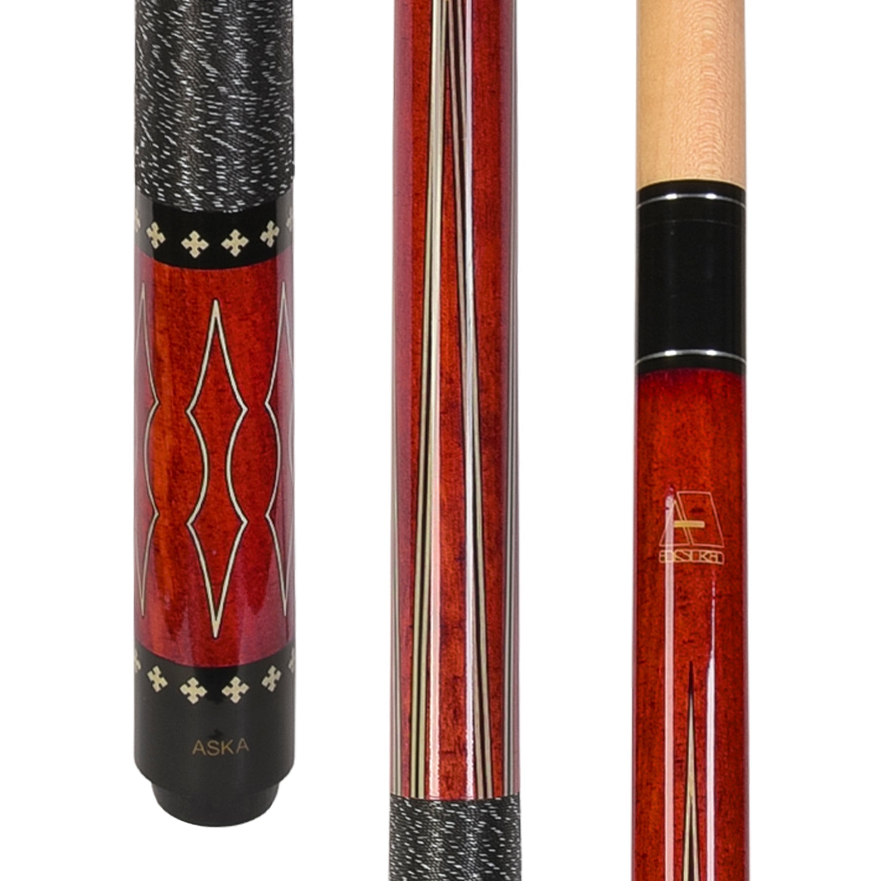 ASKA L22 pool cue in red with diamond graphic design and textured grip. L22RD