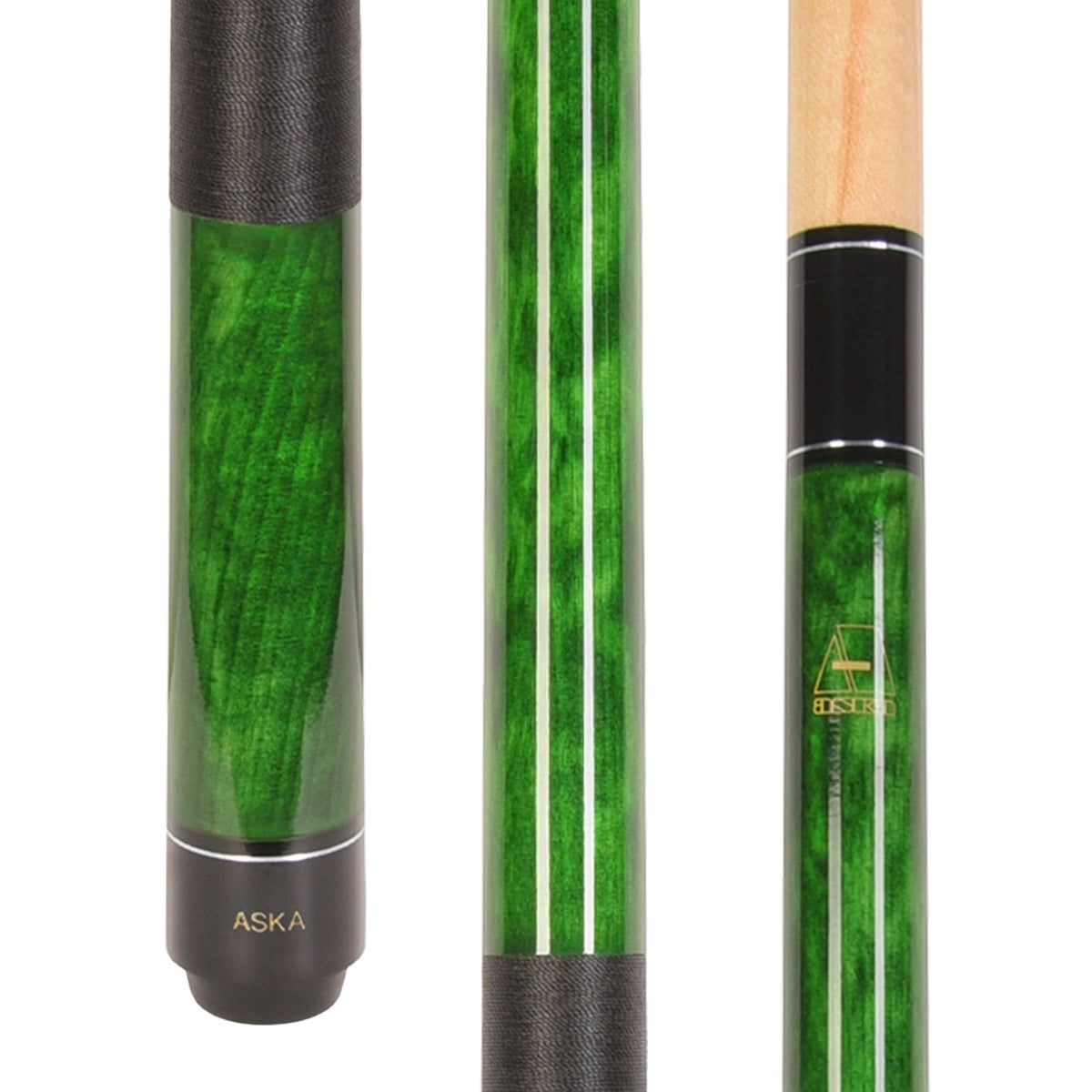 Detailed view of a green cue's butt, middle section, and joint.