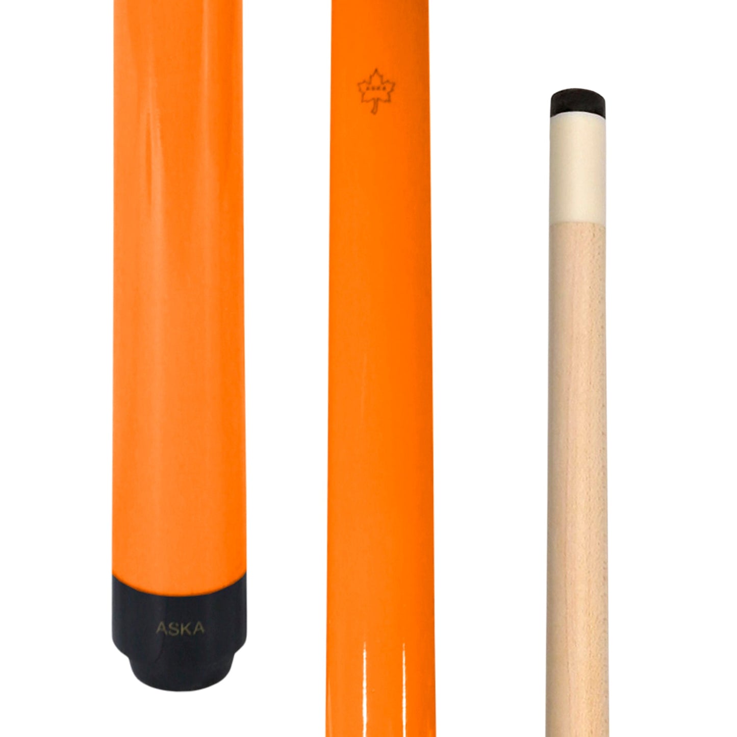 ASKA Blaze Orange 52" Short Pool Cue featuring butt and shaft components. SWP52O
