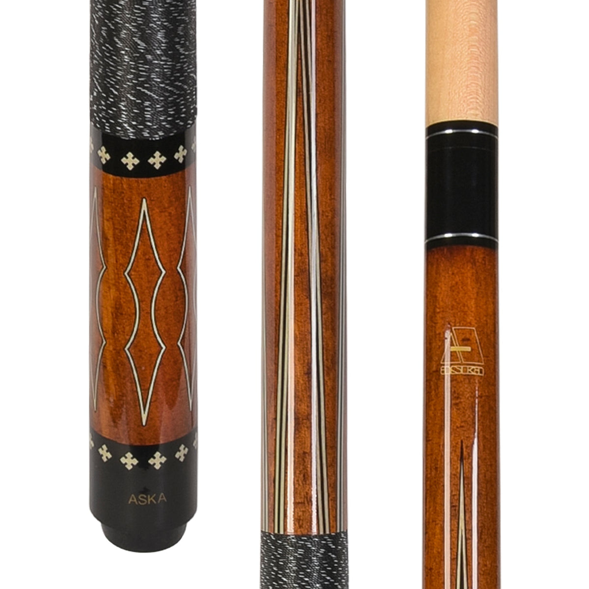 L22 pool cue in wood grain with diamond graphic design and textured grip.