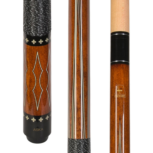 L22 pool cue in wood grain with diamond graphic design and textured grip.