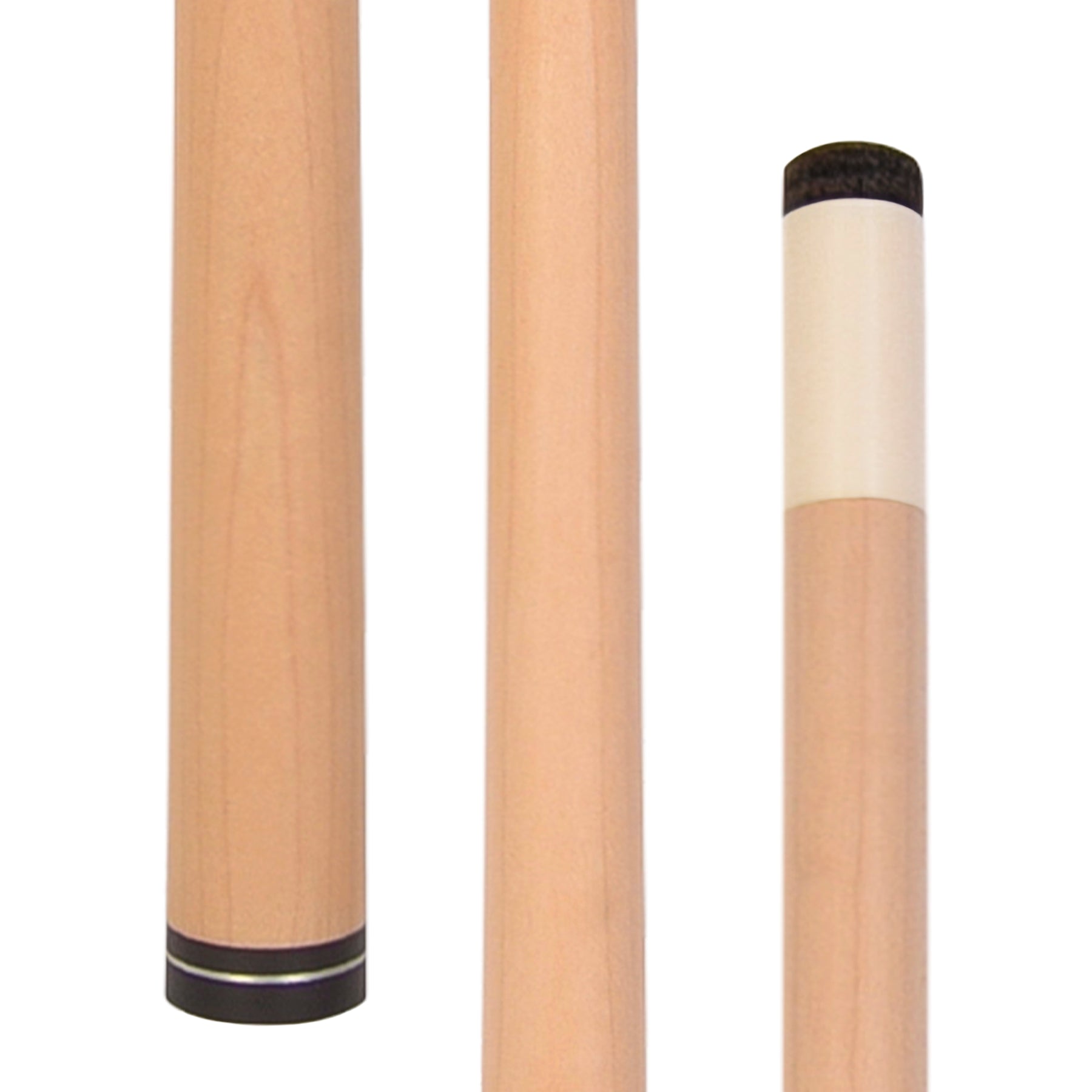 Pool cue shaft showing natural wood grain and black collar detail.