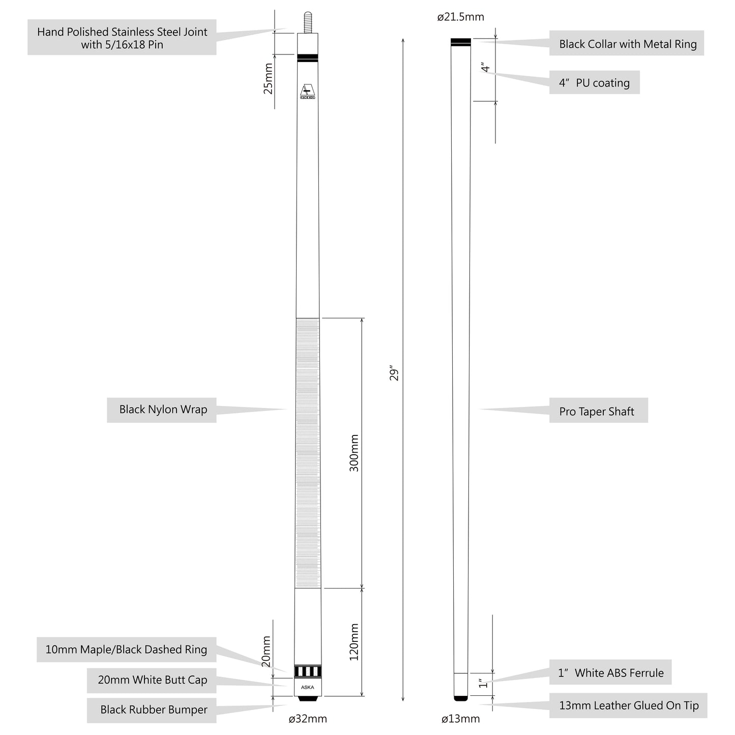 ASKA Set of 4 Pool Cue Sticks 58", 2-Piece Construction, 5/16x18 Joint, Hard Rock Canadian Maple, L25S4