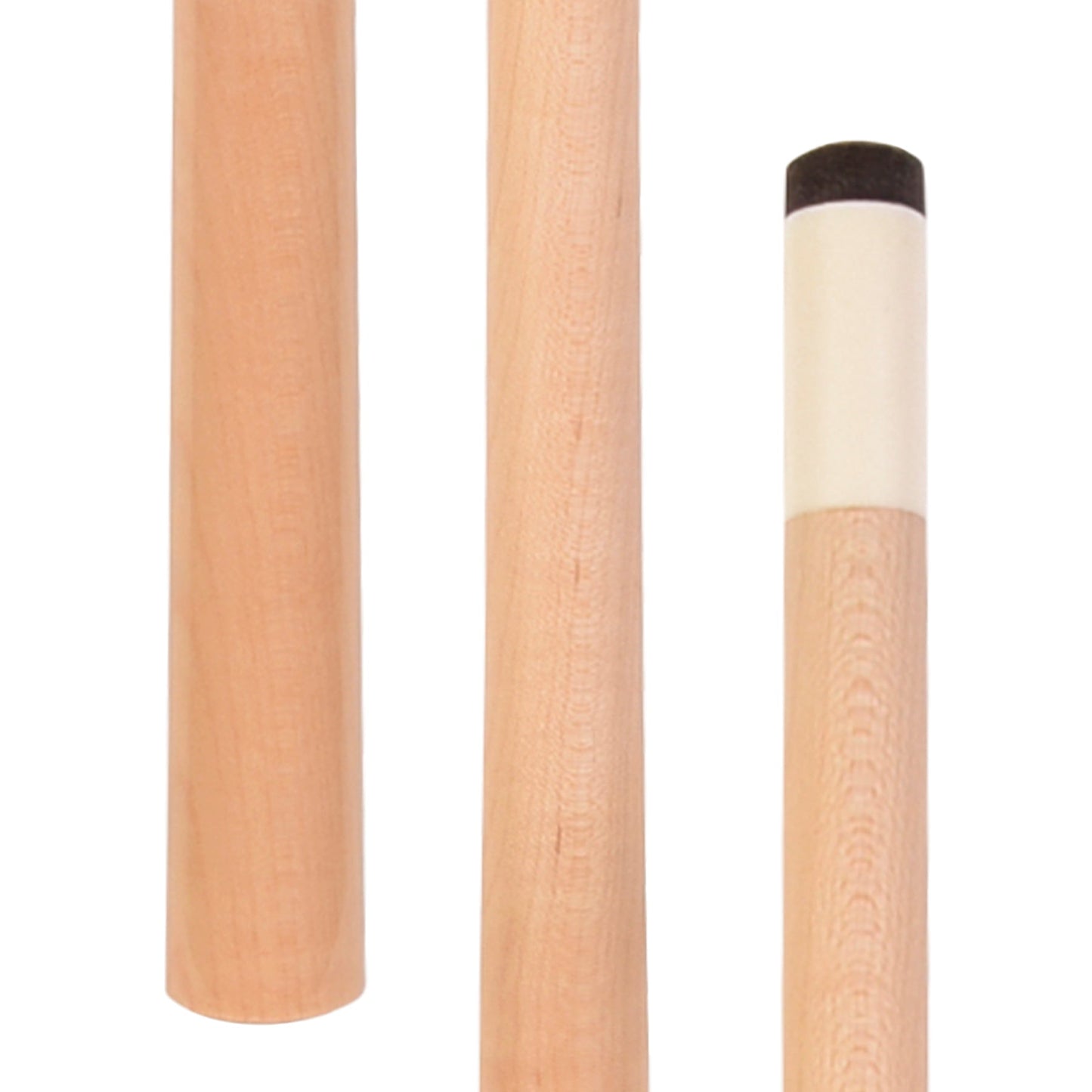 Pool cue shaft showing wood grain and tip.