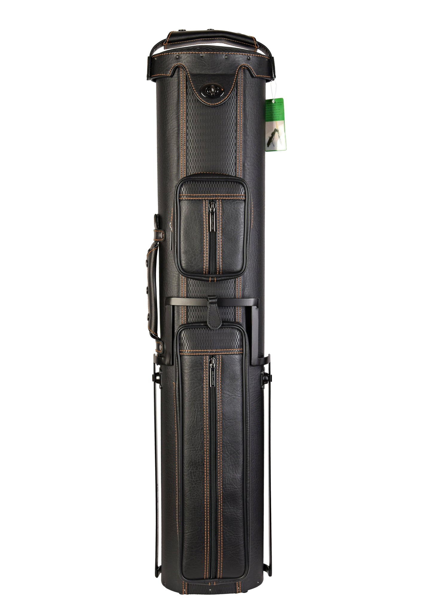 Front view of the 3x5 billiard cue case on a stand.