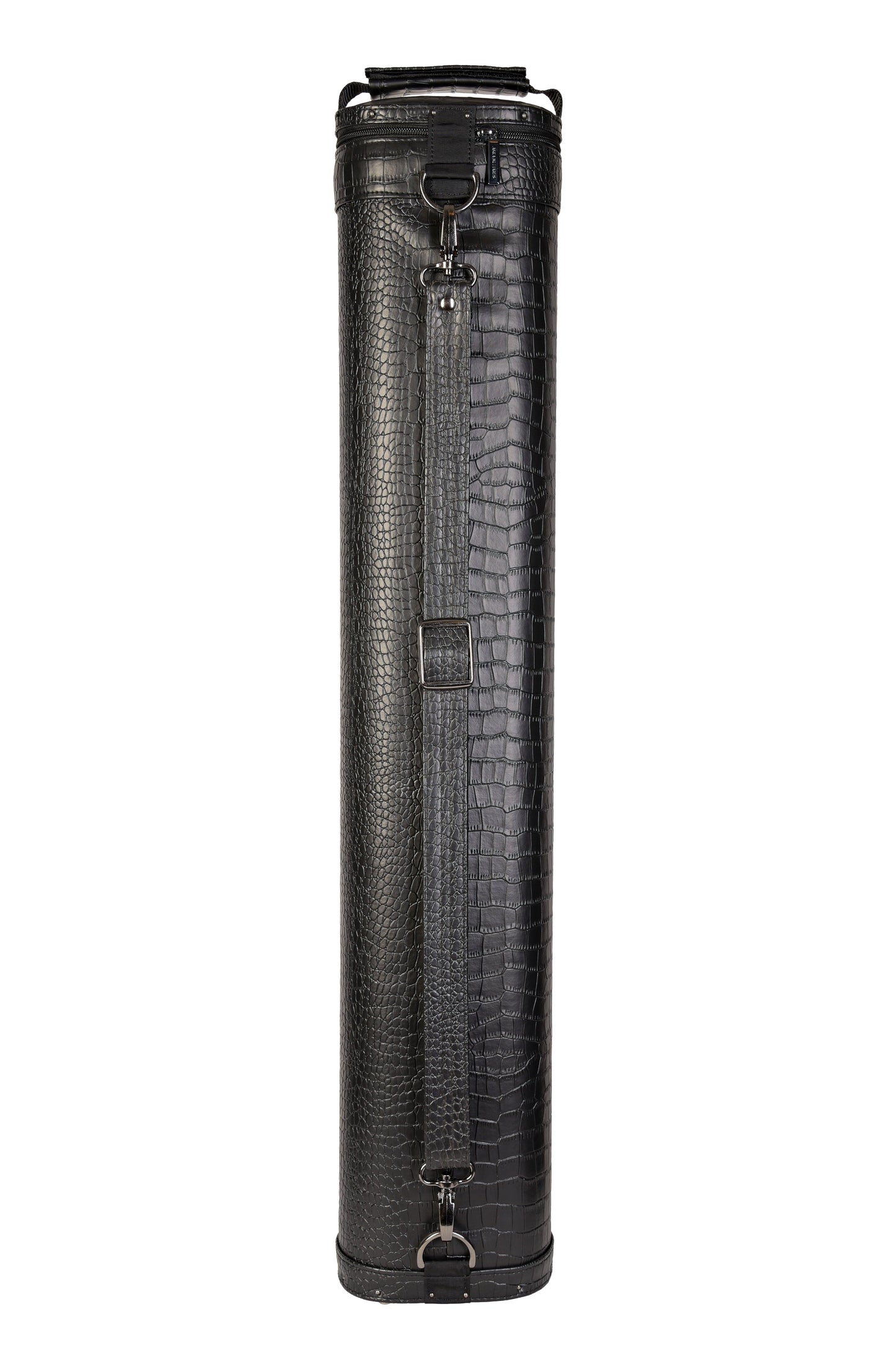 Rear view of hard pool cue case with strap