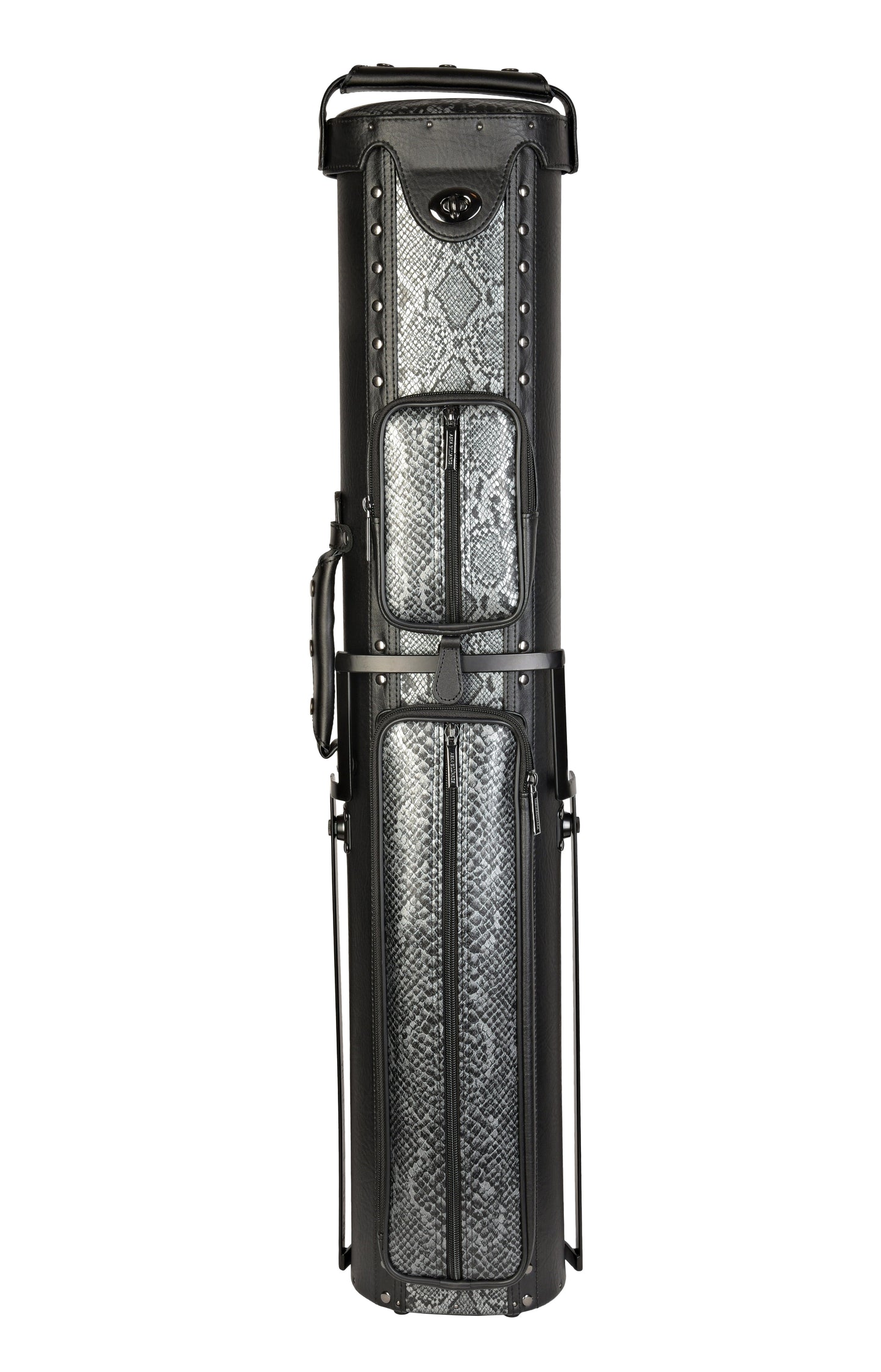 Black billiard case with snake pattern accents, front view.
