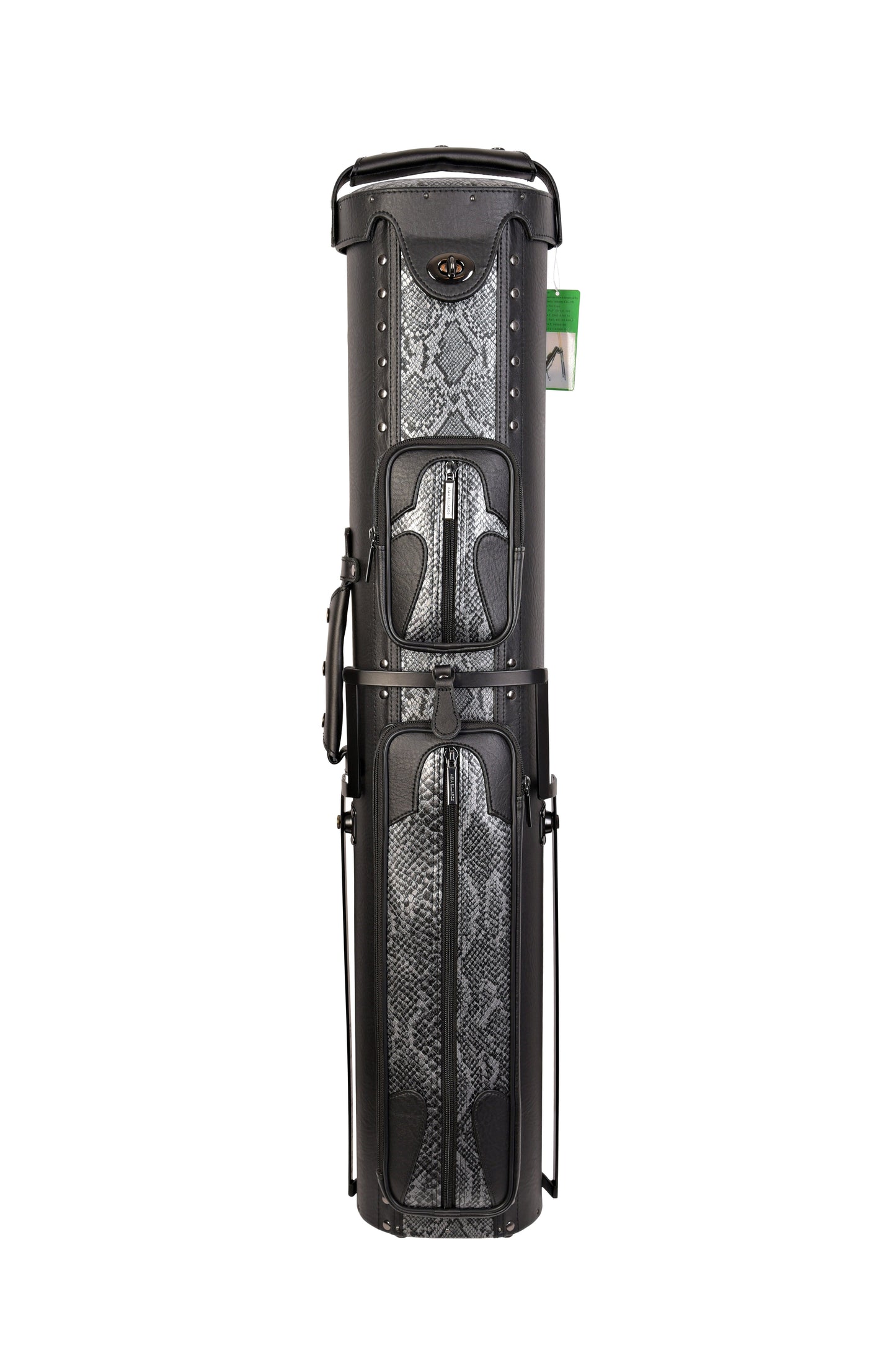 Black oval pool cue case with snake pattern and zippered pockets