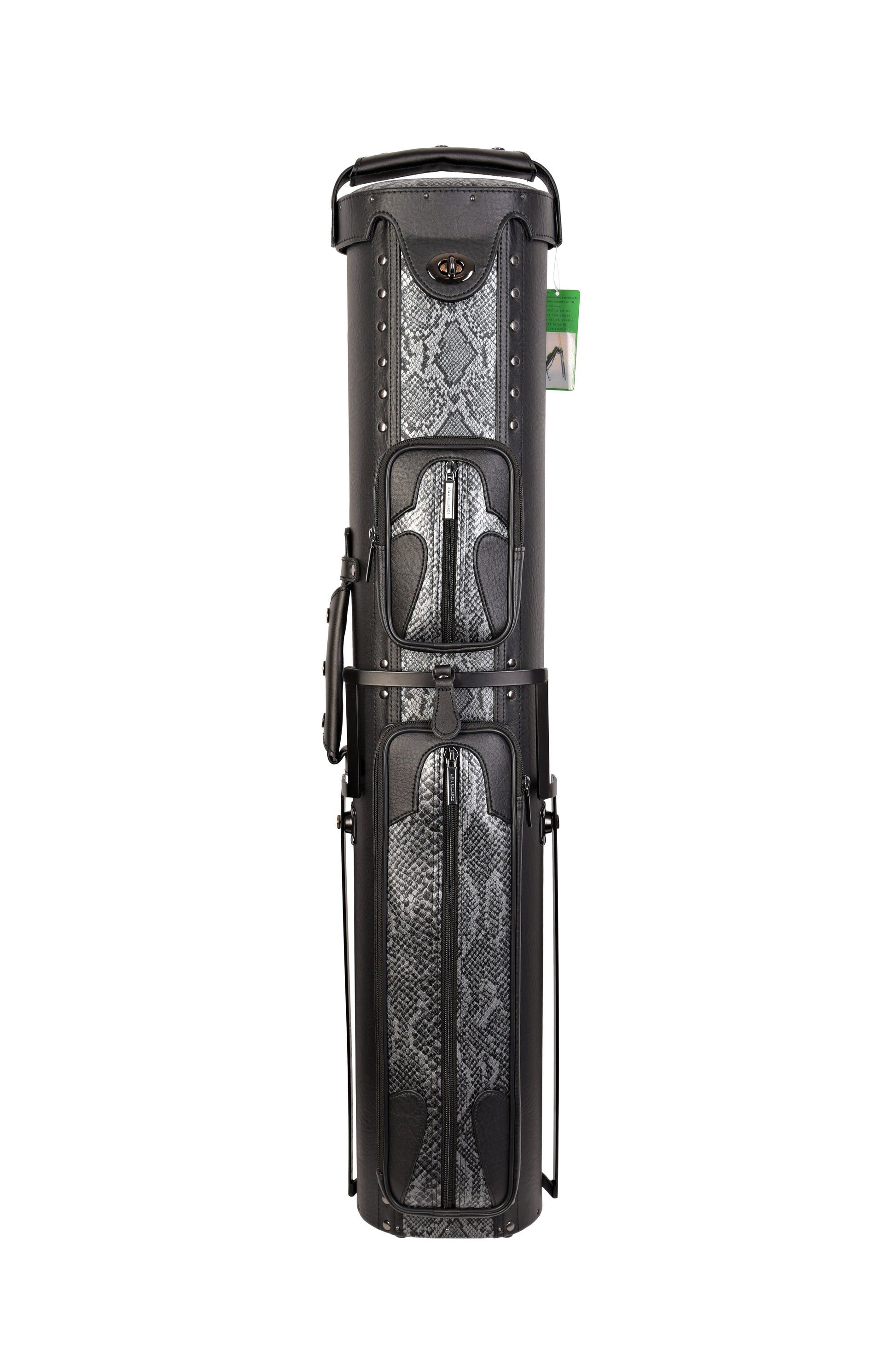 Black oval pool cue case with snake pattern and zippered pockets