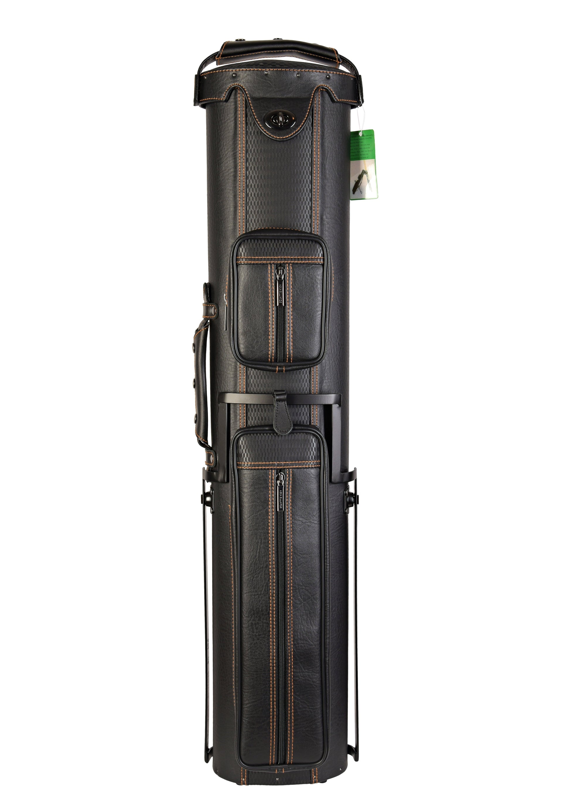 Black pool cue case shown standing upright with exterior pockets.
