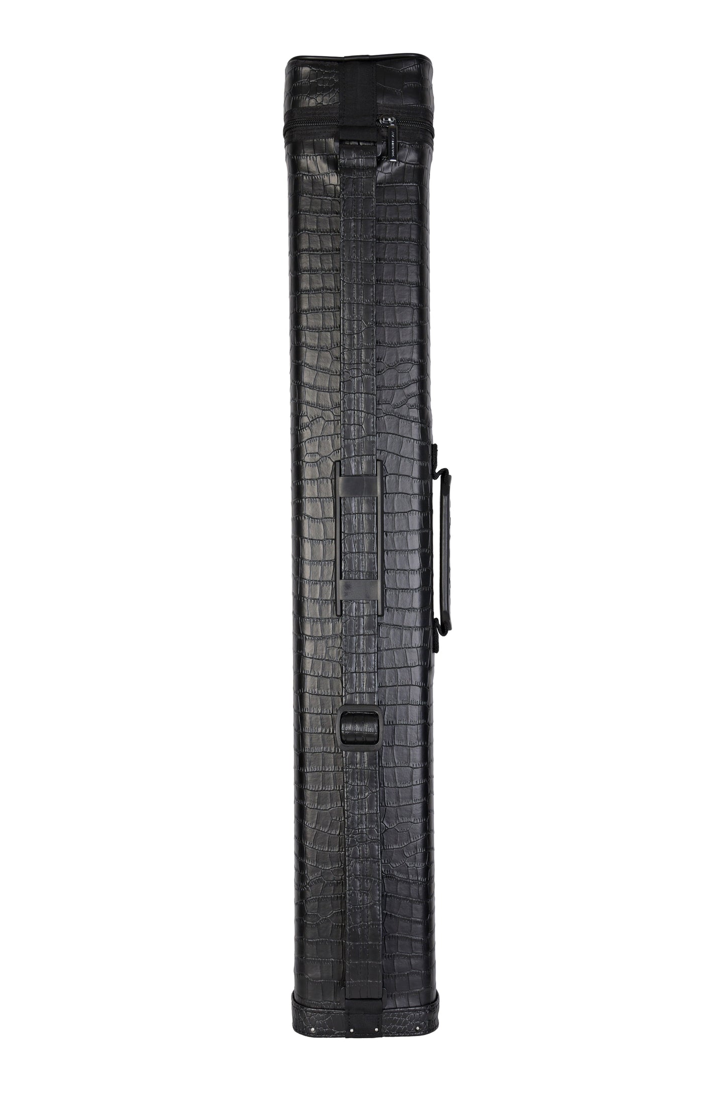 Side view of the black cue case with a textured pattern.