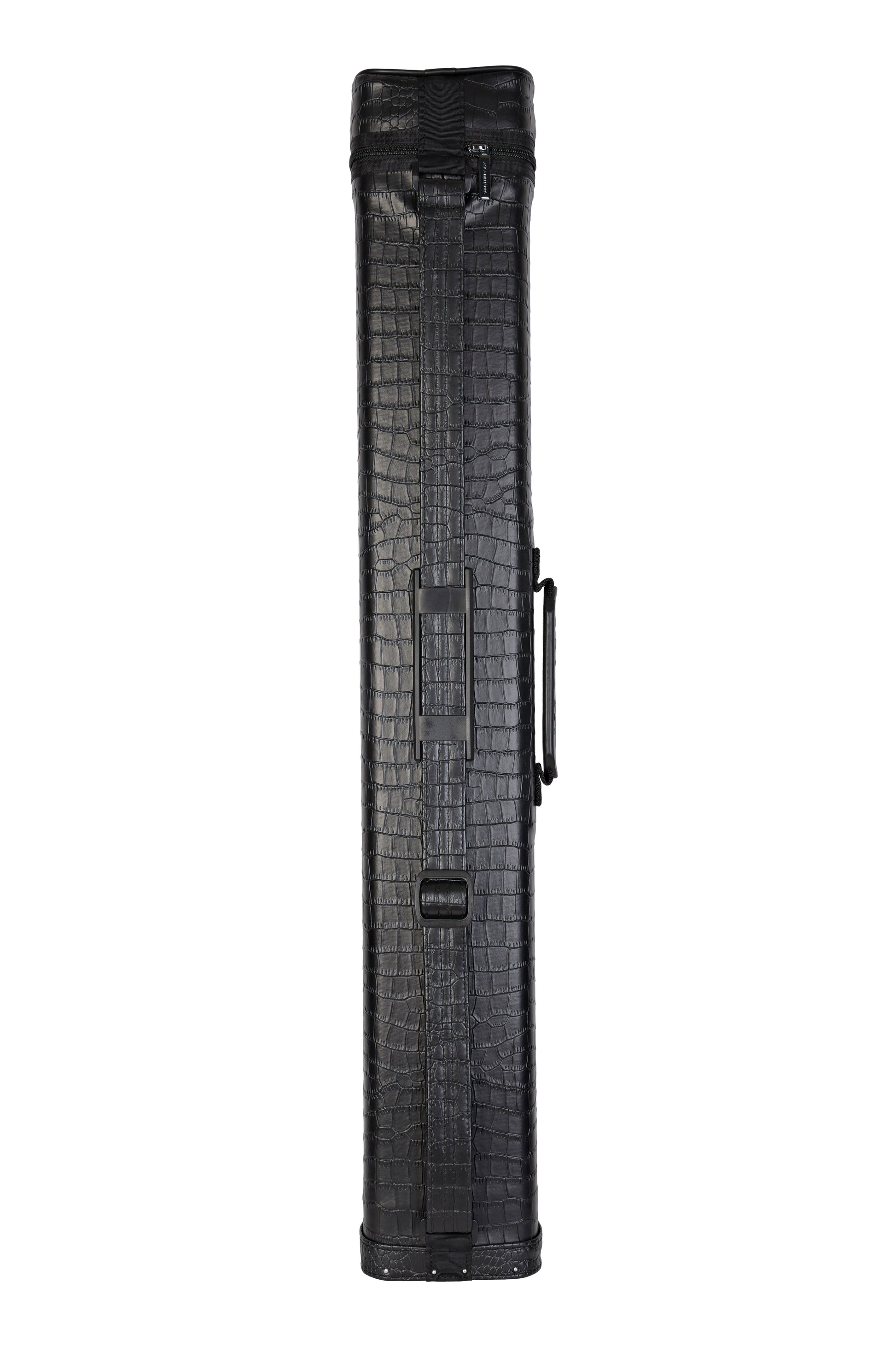 Side view of the black cue case with a textured pattern.