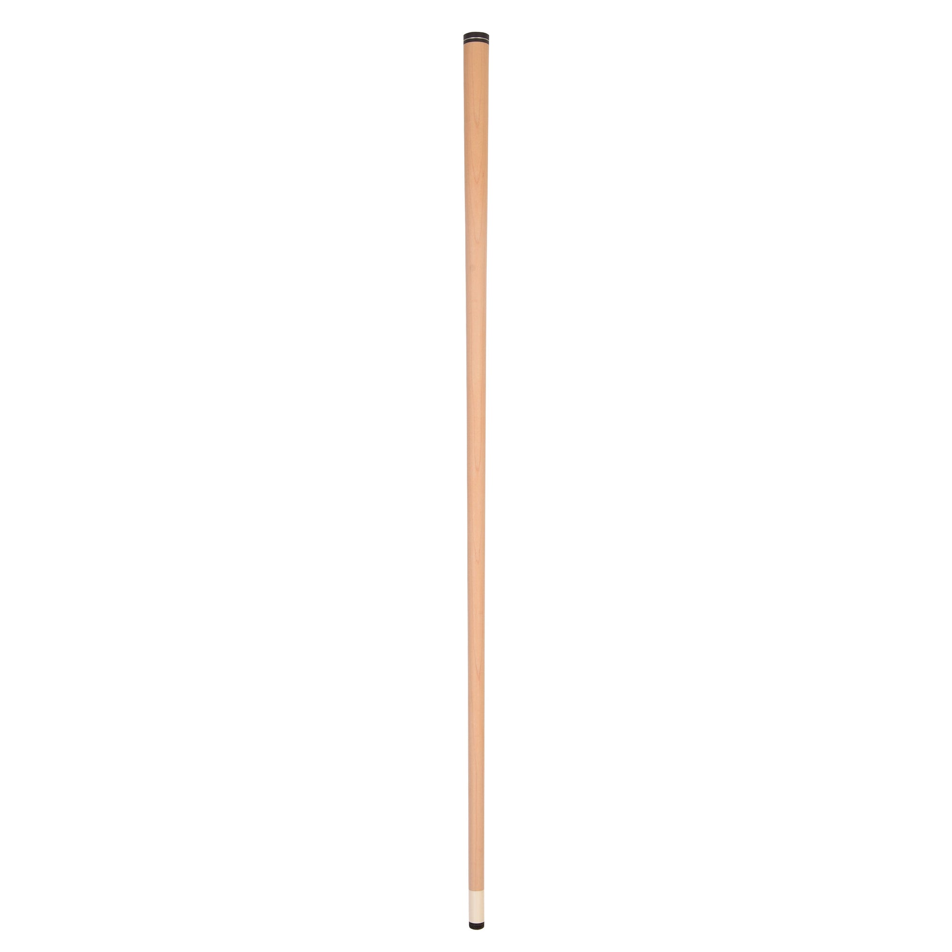 Full view of a natural wood billiard cue shaft with tip.