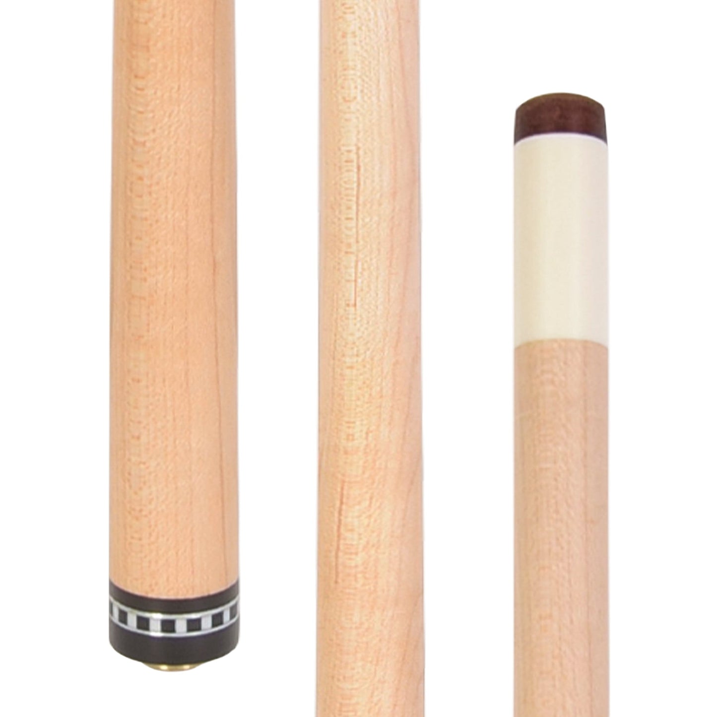 Multiple views of the cue shaft, showing the natural wood grain.